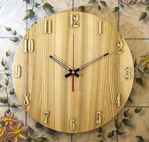 Miniatura 5 de YuSer Reloj de pared de diseño de madera natural, diámetro de 13.8 pulgadas (13.8 in), movimiento de cuarzo preciso, reloj silencioso y confiable,
