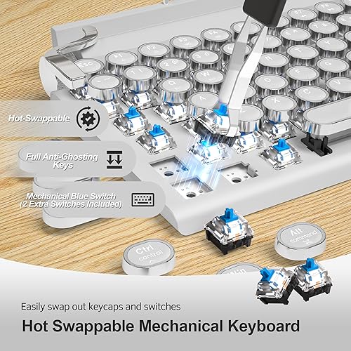 Miniatura 4 de Máquina de escribir retro teclado mecánico inalámbrico para juegos, Bluetooth 5.0 para computadora de oficina, teclados vintage, 83 teclas azules,