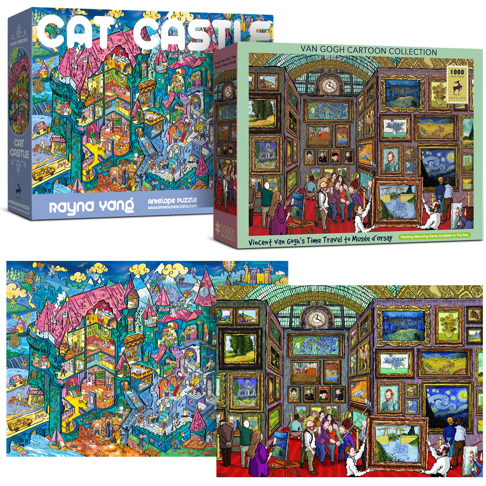Antelope 2 in 1 1000 Piece Puzzle Bundle - Van Gogh's Time Travel to Muse Da Orsay - 1000 Piece Jigsaw Puzzle Bundle with Cat Castle - 1000 Piece Jigsaw Puzzle,Time Travel to Orsay + Cat Castle