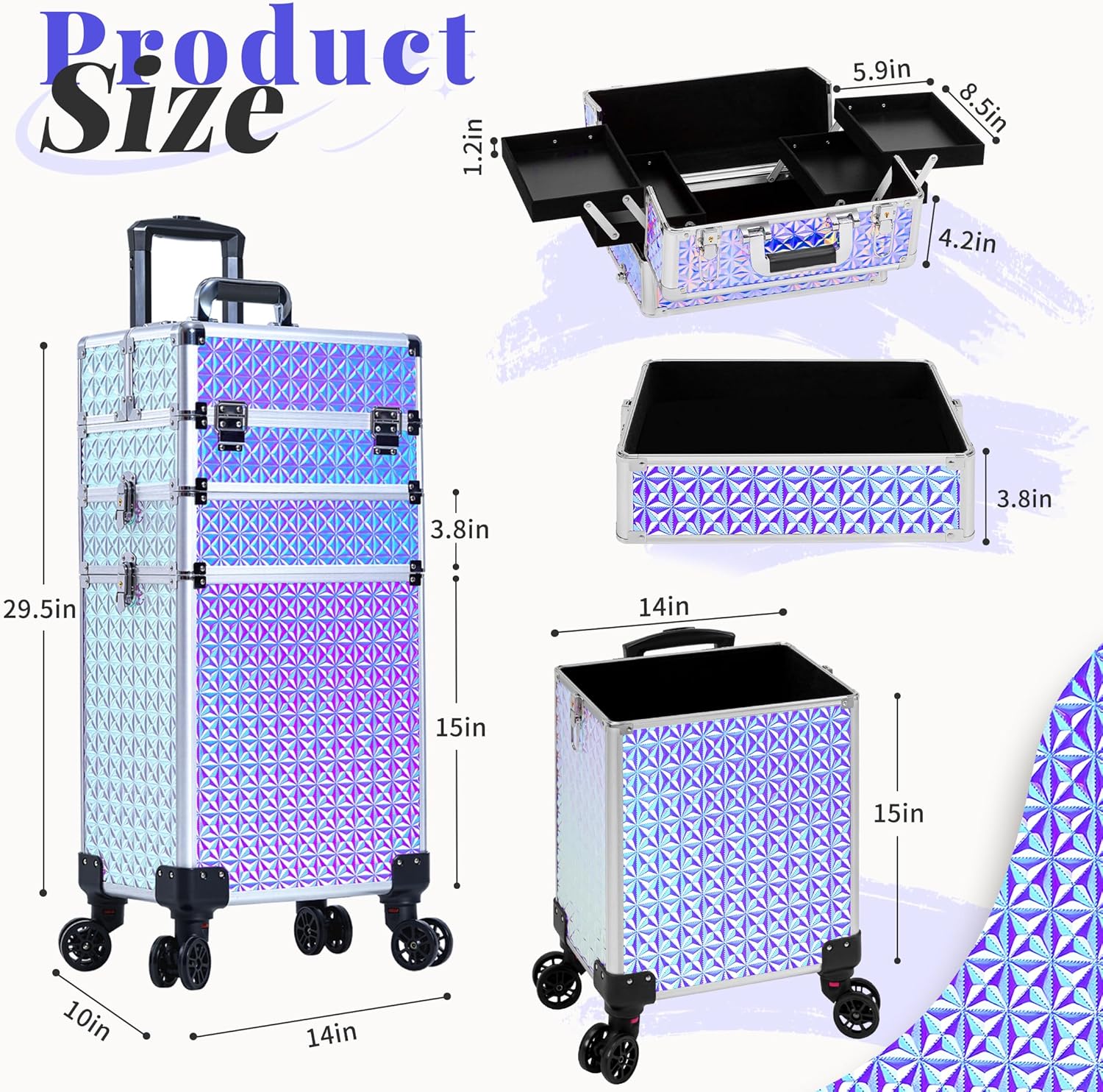 3 in 1 Rolling Makeup Train Case Professional Large Cosmetic Trolley Cosmetology Case on Wheels Traveling Cart Trunk for Hairstylist Artist Nail Beauty Salon Barber, Silver