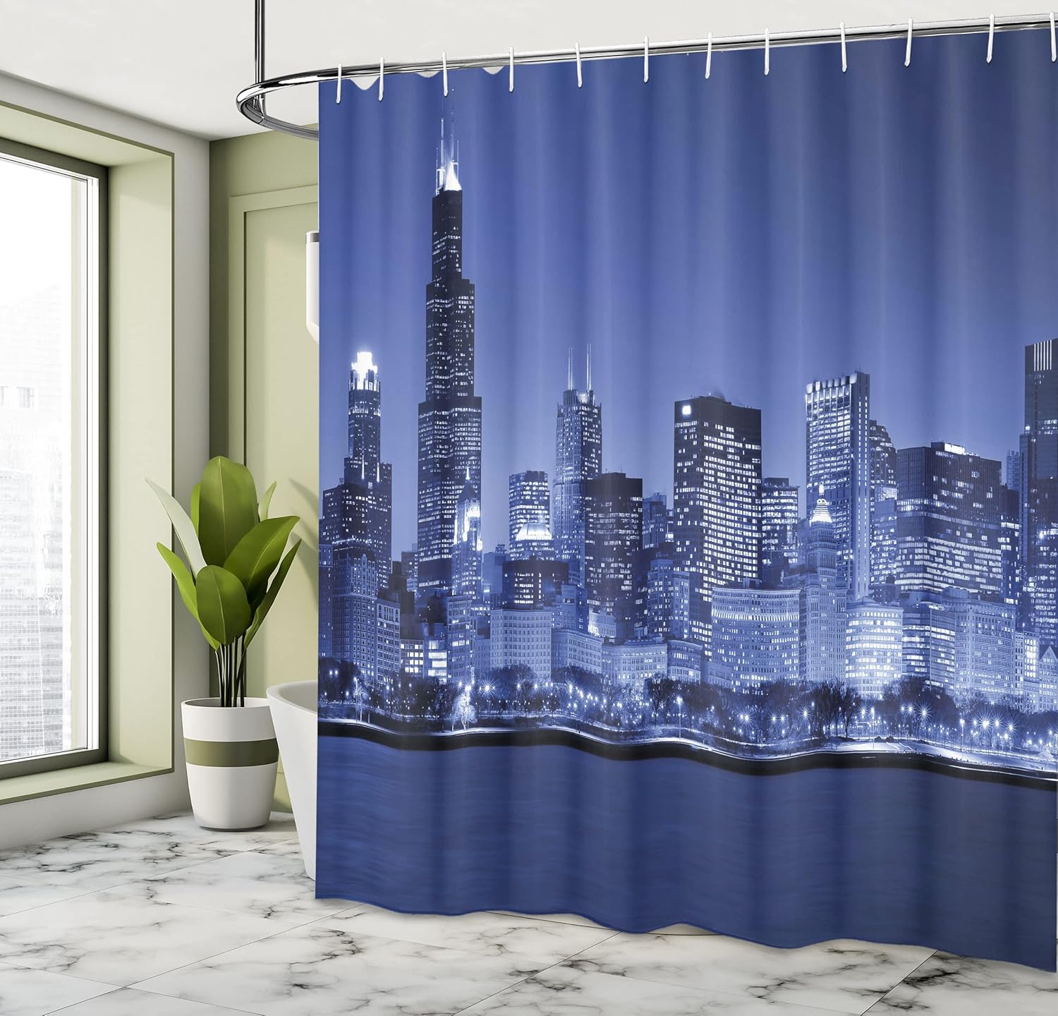Ambesonne USA Shower Curtain, Chigago City Skyline at Night with Tall Buildings Urban Modern Life America Town Scene, Cloth Fabric Bathroom Decor Set with Hooks, 69" W x 70" L, Violet Blue