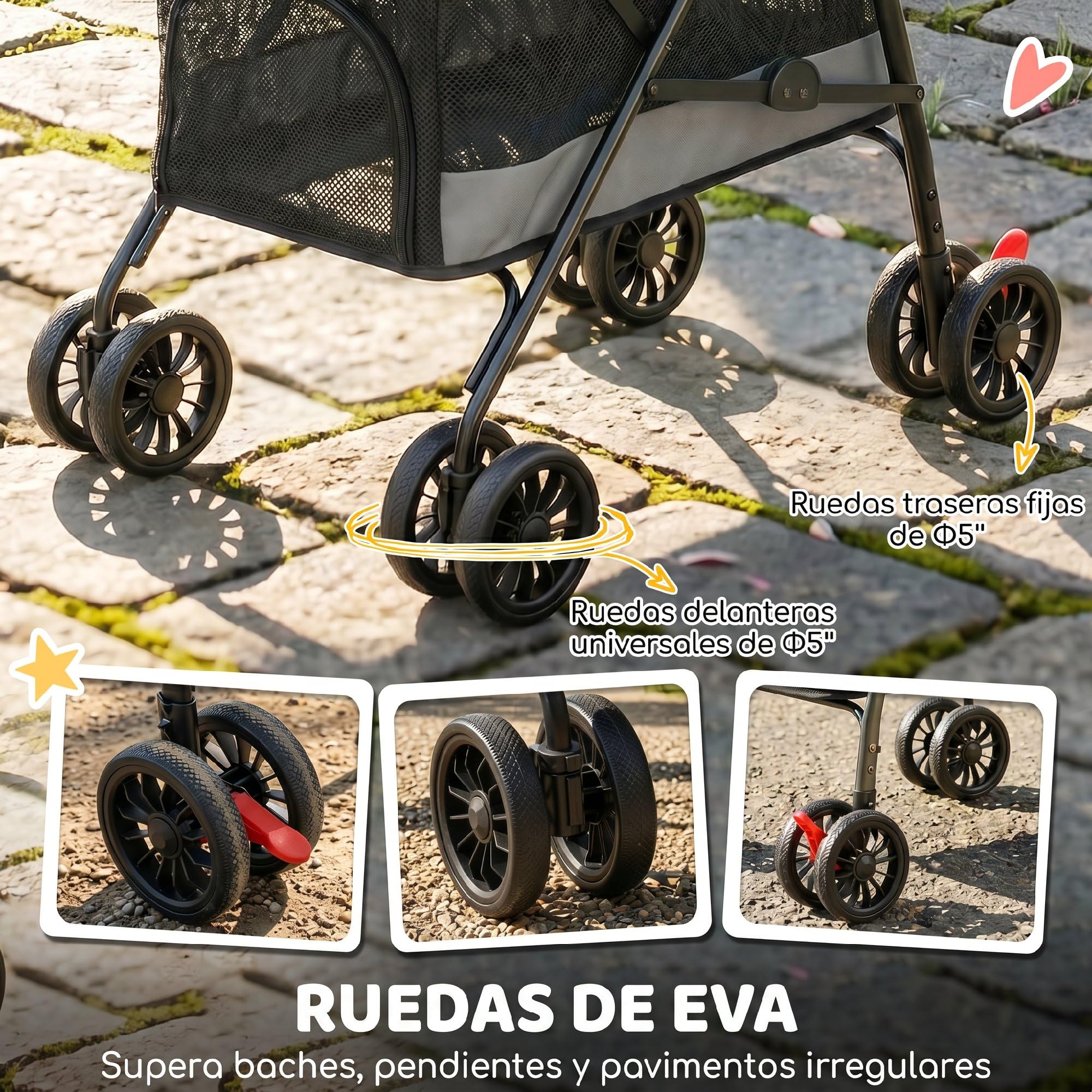 PawHut Cochecito para Perros Plegable 4 Ruedas de EVA 10 kg Ligero Gris | Carrito para Perros Pequeños y Gatos, Giratorio y Freno, Ventanas de Malla, Cojín Extraíble, Bandeja y Portavasos