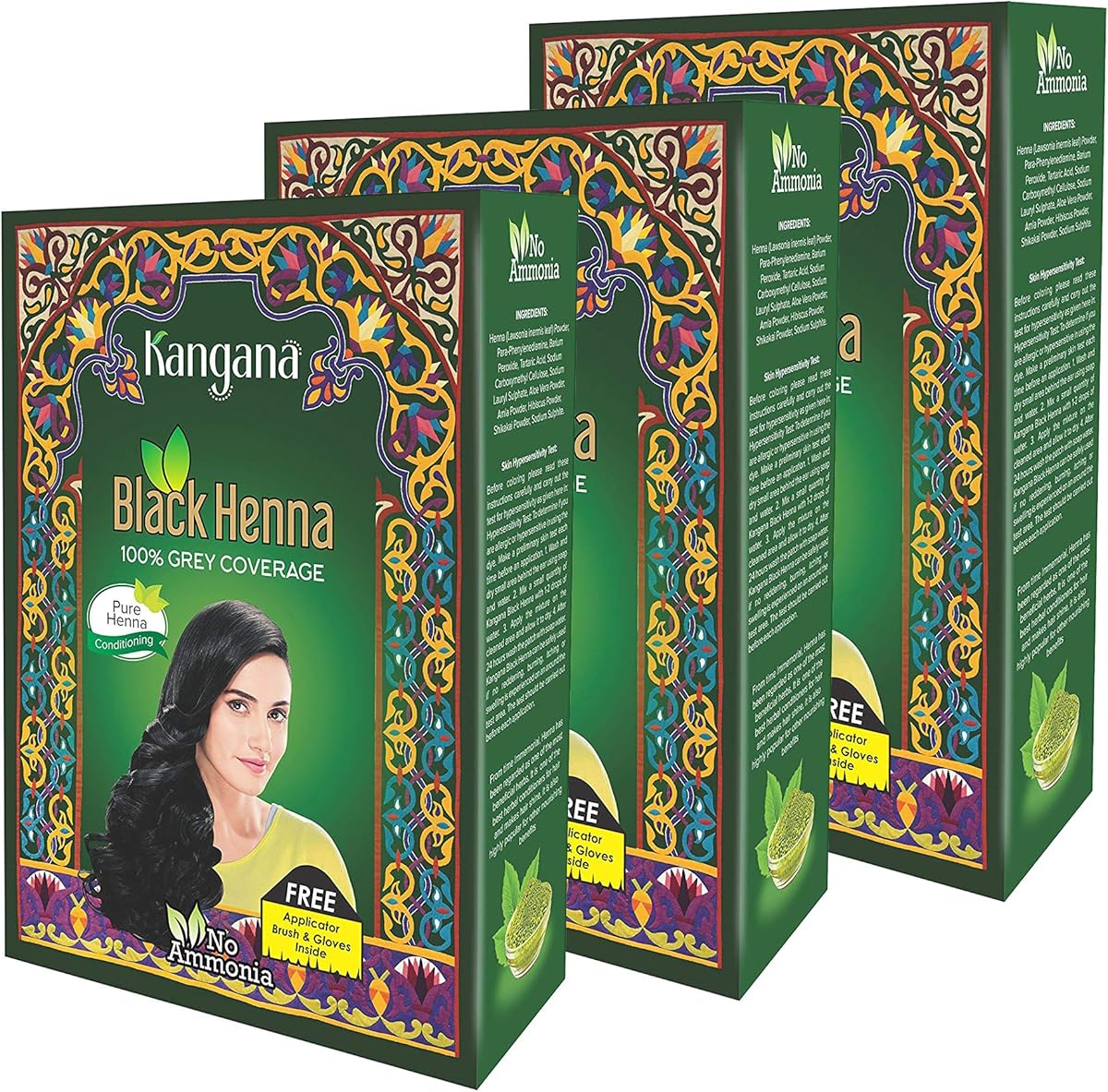 KANGANA Natural Black Henna Powder for Hair Dye/Color, 100% Grey Coverage, Chemical Free, Pack of 3