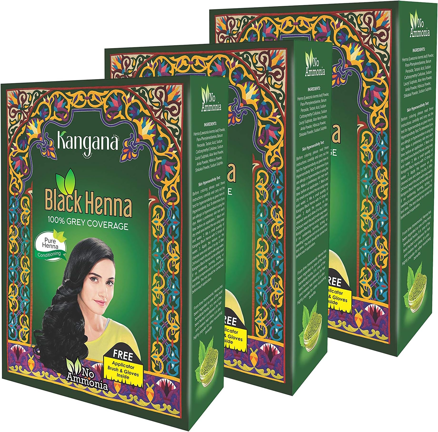 KANGANA Natural Black Henna Powder for Hair Dye/Color, 100% Grey Coverage, Chemical Free, Pack of 3