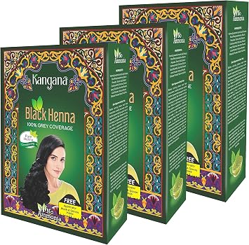 KANGANA Natural Black Henna Powder for Hair Dye/Color, 100% Grey Coverage, Chemical Free, Pack of 3