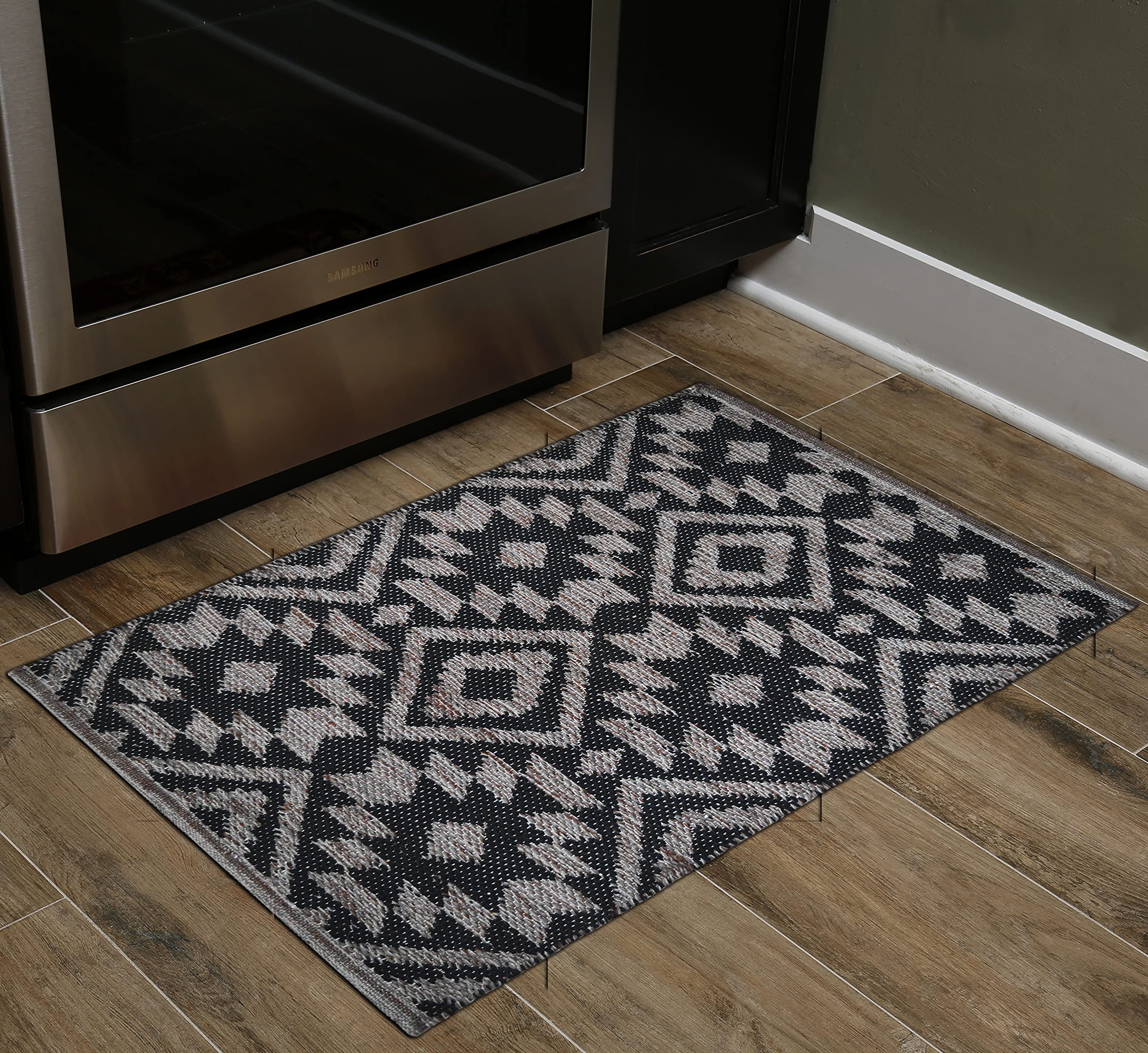 Pack of 2 Premium Cotton Mats for Kitchen, Bedroom, Living Room, Passage. 50X80 cm, Strong Anti Slip Grip, Water Absorbing Machine Washable Black