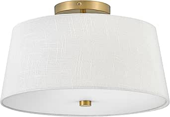 Lark Beale 83773LCB Medium Flush Mount Ceiling Light, Classic White Linen Drum, Acrylic Lens, Lacquered Brass