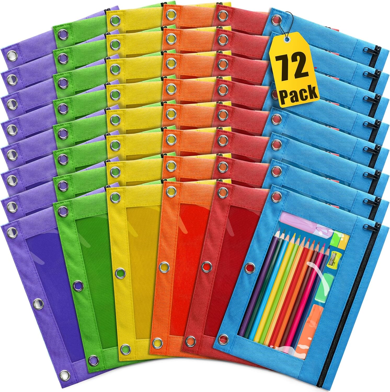 Pencil Pouch for 3 Ring Binder, 72 Pack Pencil Pouches with Zipper & Clear Window - 6 Assorted Color, Pencil Case Bulk for 3-Holes Binder, Multi-Purpose Storage Bag for Office, School Supplies (72)