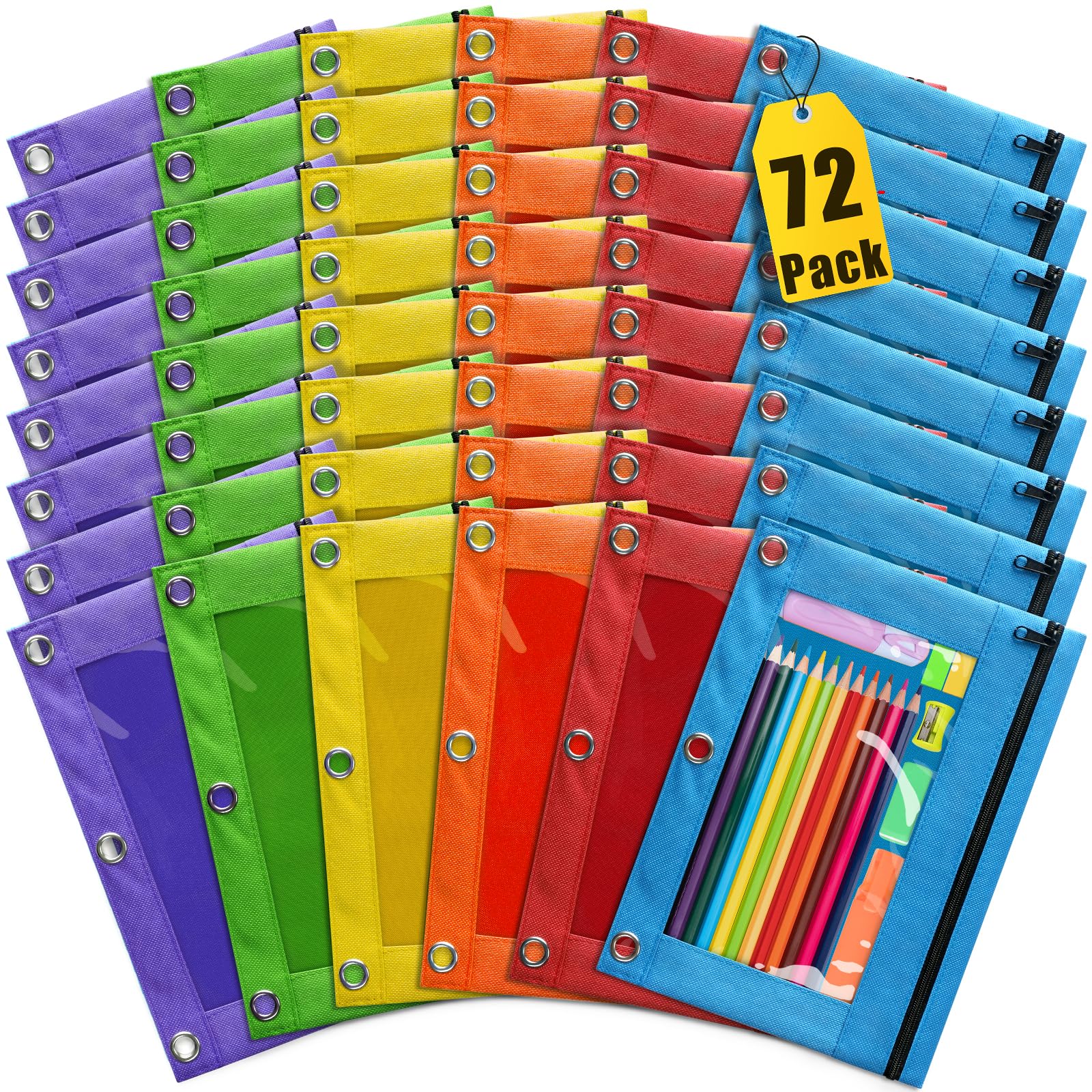 Pencil Pouch for 3 Ring Binder, 72 Pack Pencil Pouches with Zipper & Clear Window - 6 Assorted Color, Pencil Case Bulk for 3-Holes Binder,