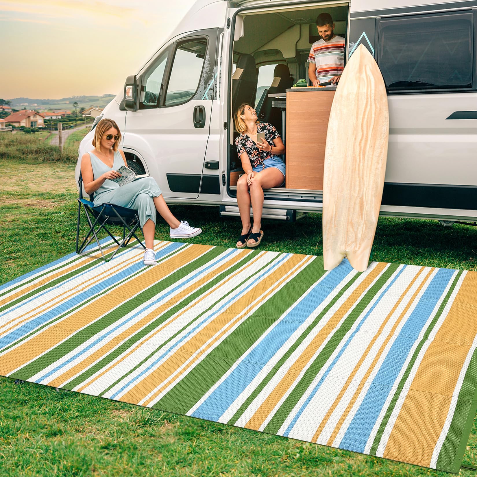 Garvee Tappeto Da Esterno in PP Intrecciato 320 Gsm - Reversibile, Impermeabile, Pieghevole e Leggero, Grande Tappeto Per Patio/Deck/Balcone/RV/Campeggio, Giallo/Blu/Verde/Bianco