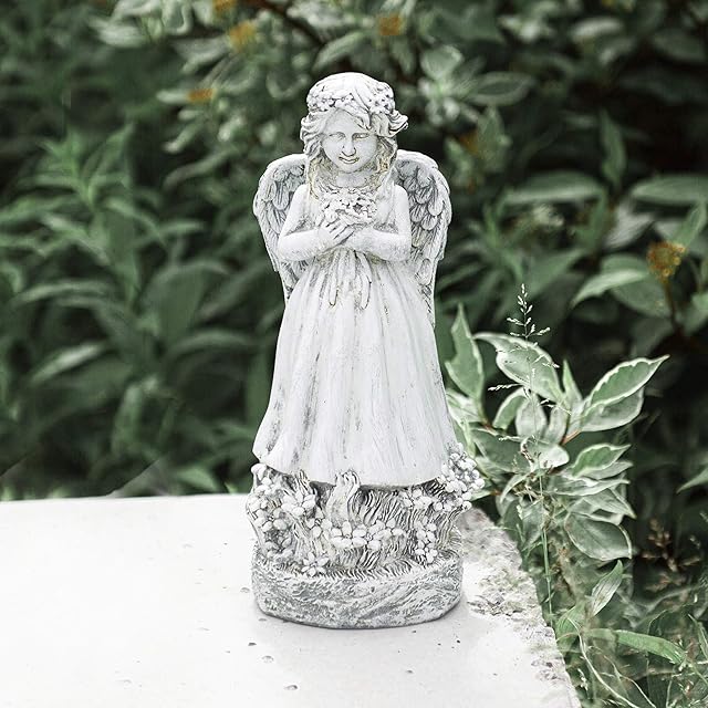 garden mile Winged Angel White Stone Effect Holding Flowers Garden Statue | Angelic Ornament Sculptures for the Garden | Traditional Flower Bed Decor | Decorative Collectable Garden Features