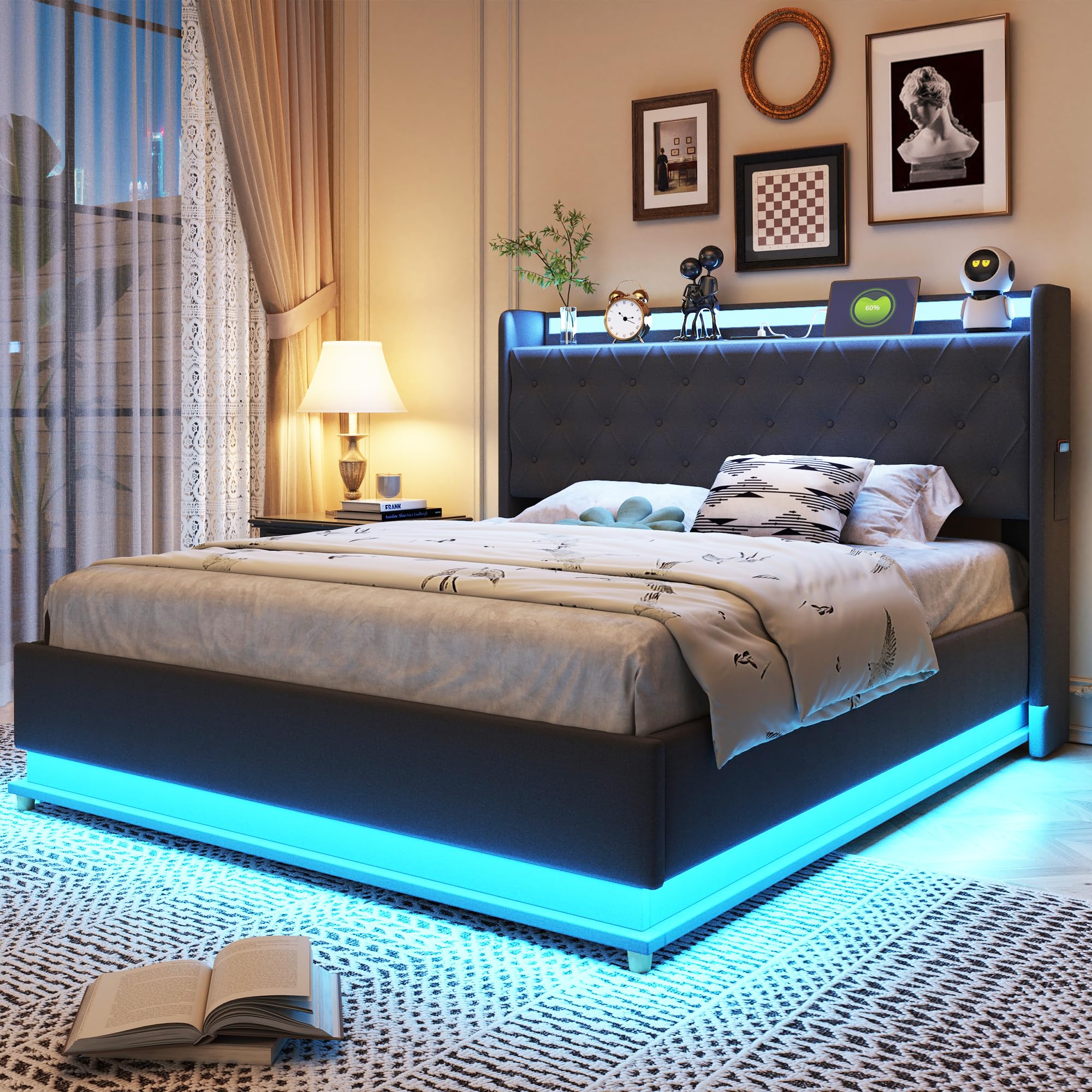 Kayan LED-Polsterbett 140X200 cm, Bett mit Großer Stauraum & Lattenrost, Bettgestell Metall Boxspringbett, Polster Kopfteil mit Regal und USB-Ladeanschluss, Ohne Matratze