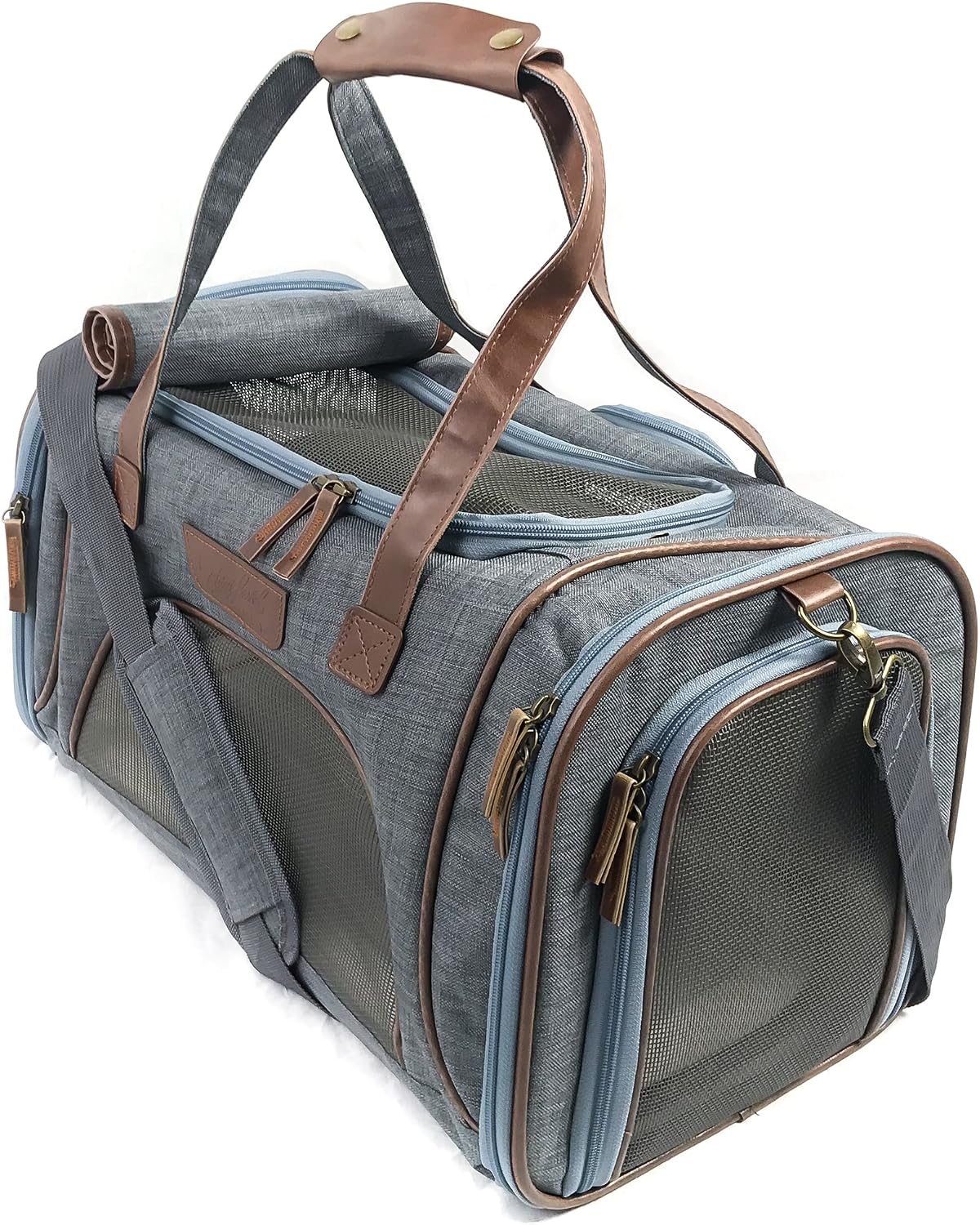 Next Level Pet Soft Sided Foldable Pet Carrier, Leather Style, Small Dog & Cat TSA Approved, Seatbelt Luggage Strap, The New Laika, Grey