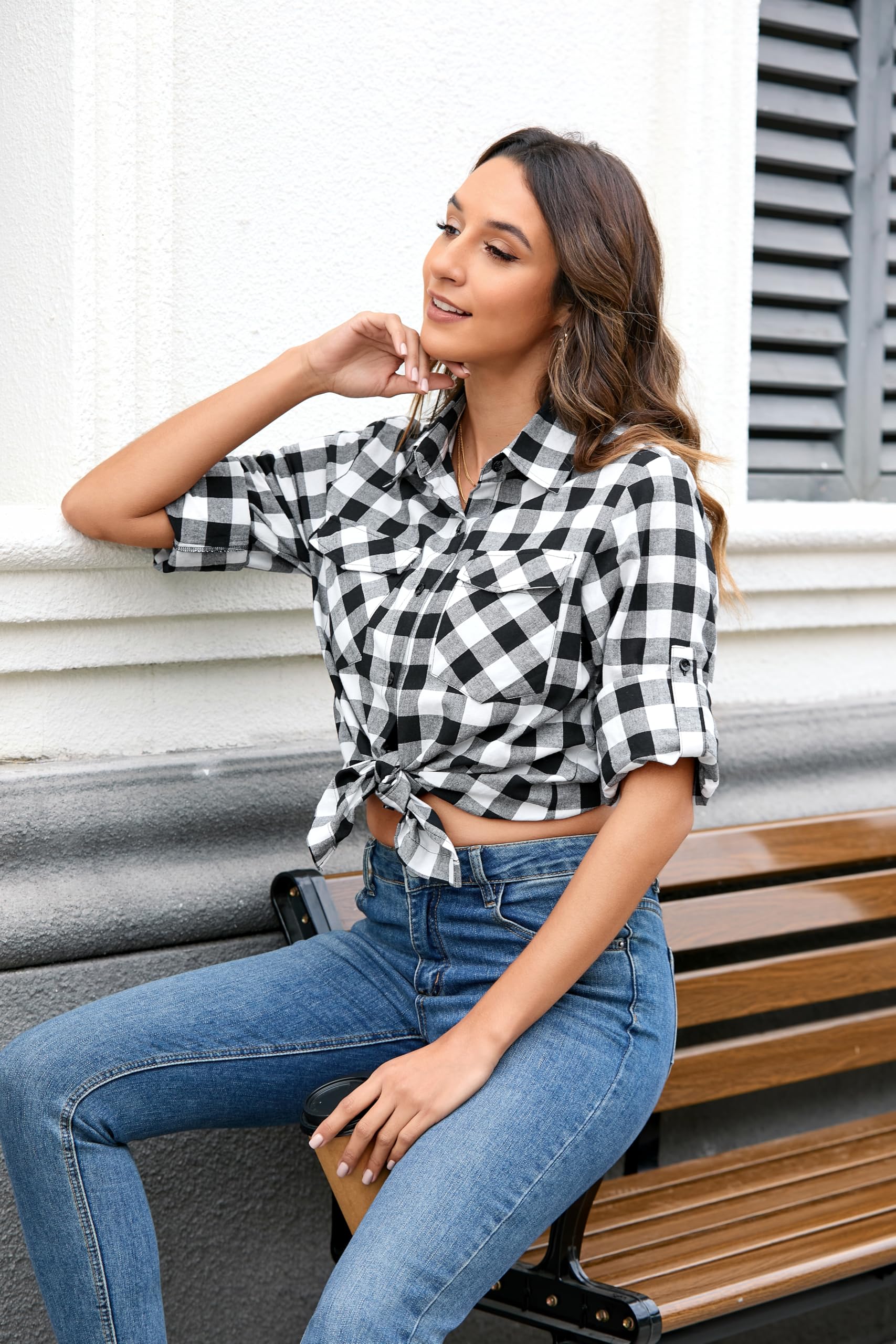 Chemise a Carreaux Femme Chemise à Boutons à Manches Longue Chemise à Carreaux pour Femmes Chemisier Country Top à Enrouler Décontracté Bureau Classique Fête avec Poches S-3XL