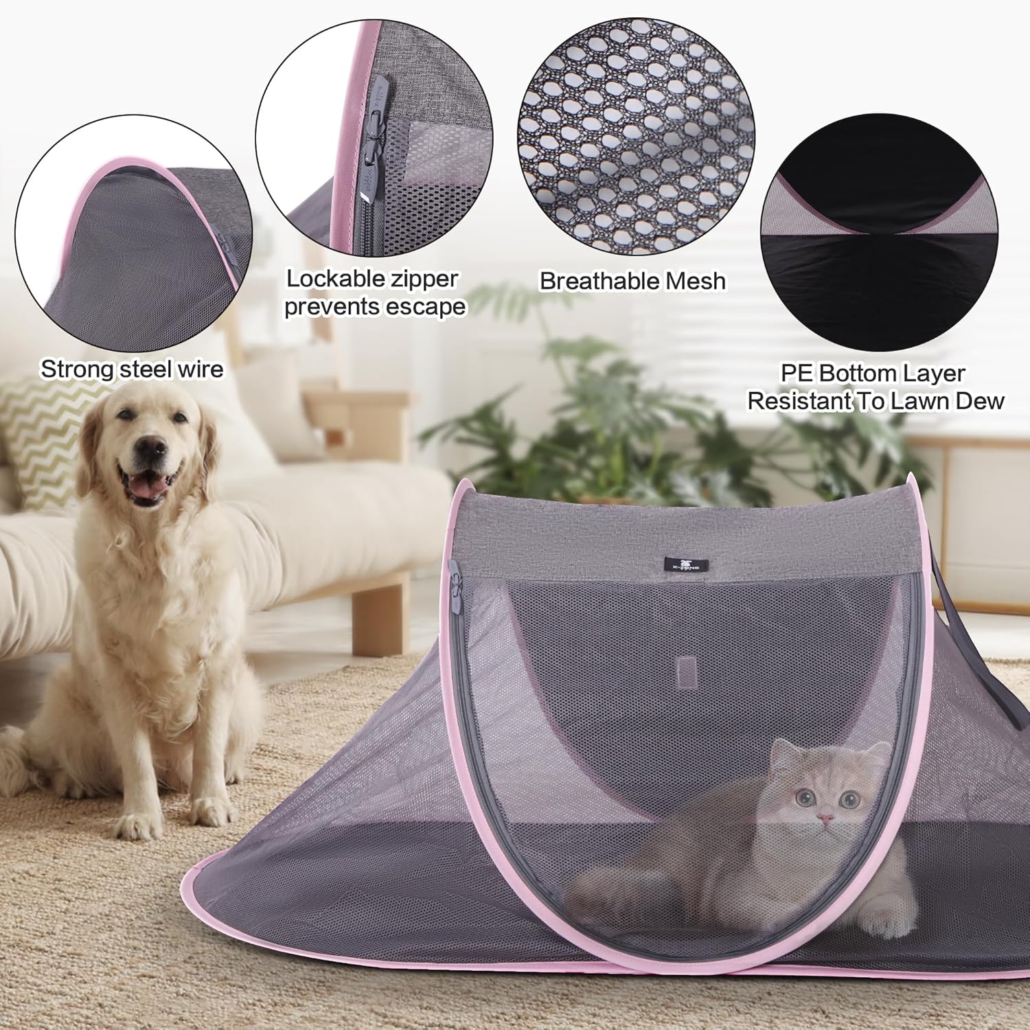 X-ZONE PET Outdoor Cat Tent, Pop Up Cat Playpen, Pet Enclosure Suitable Birds and Small Animals Pink