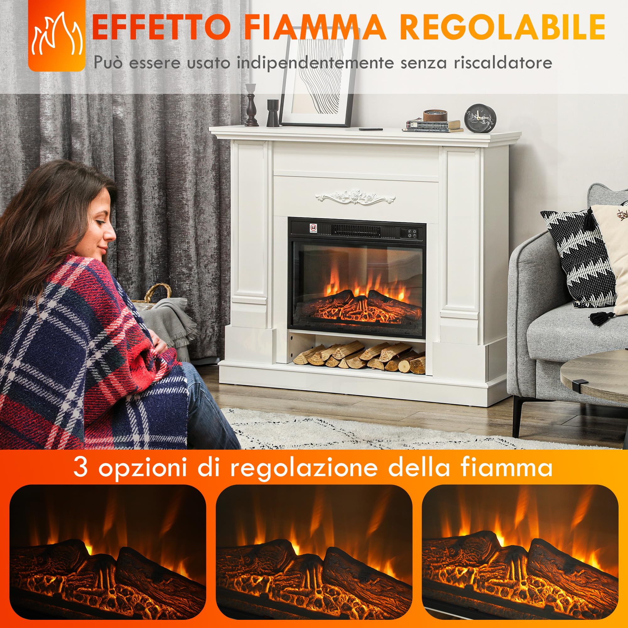 HOMCOM Camino Elettrico da Terra con Effetto Fiamma 3D e Ripiano, 177cm 1800W Caminetto Elettrico con Spegnimento Automatico, Termostato, Risacaldamento Regolabile, Timer e Telecomando, 30㎡, Bianco