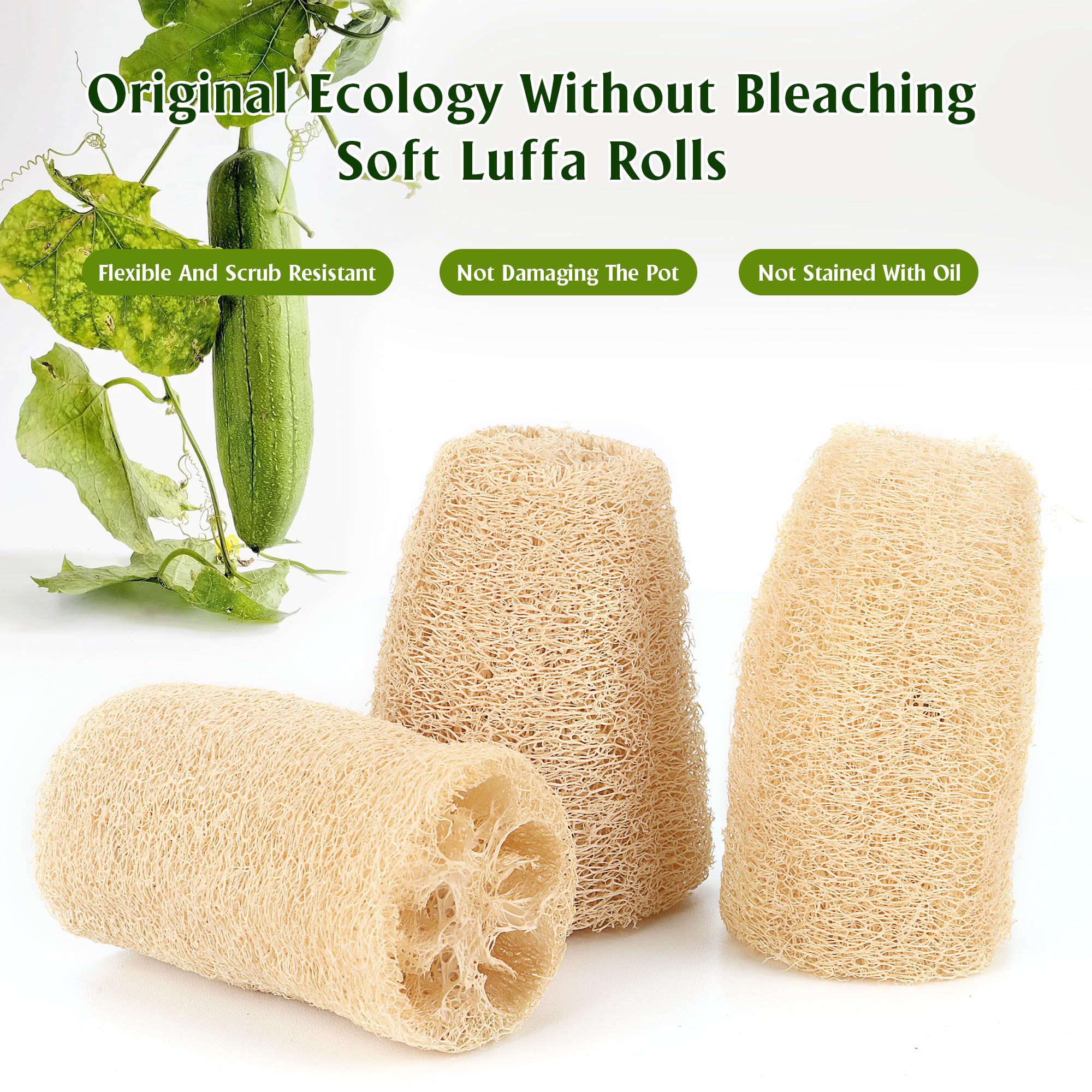 6 Pièces Loofah Naturel Entier, Éponge Loofah en Fibres Végétales Biodégradables pour Salle de Bain et Douche, Cuisine