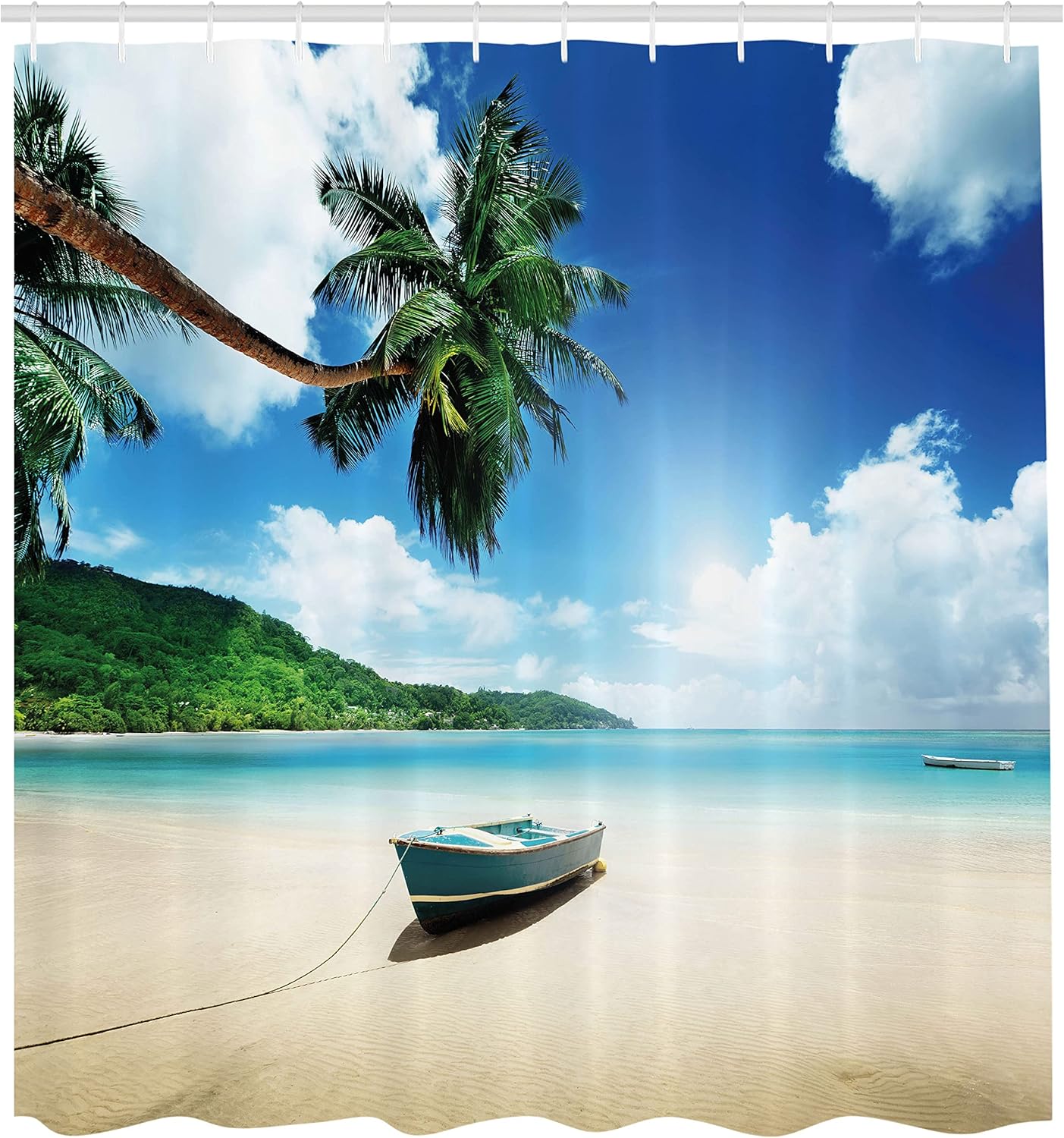 Ambesonne Tropical Shower Curtain, Wooden Boat Seychelles Beach with Palm Trees Paradise Ocean Scenery, Cloth Fabric Bathroom Decor Set with Hooks, 69" W x 70" L, Green Beige