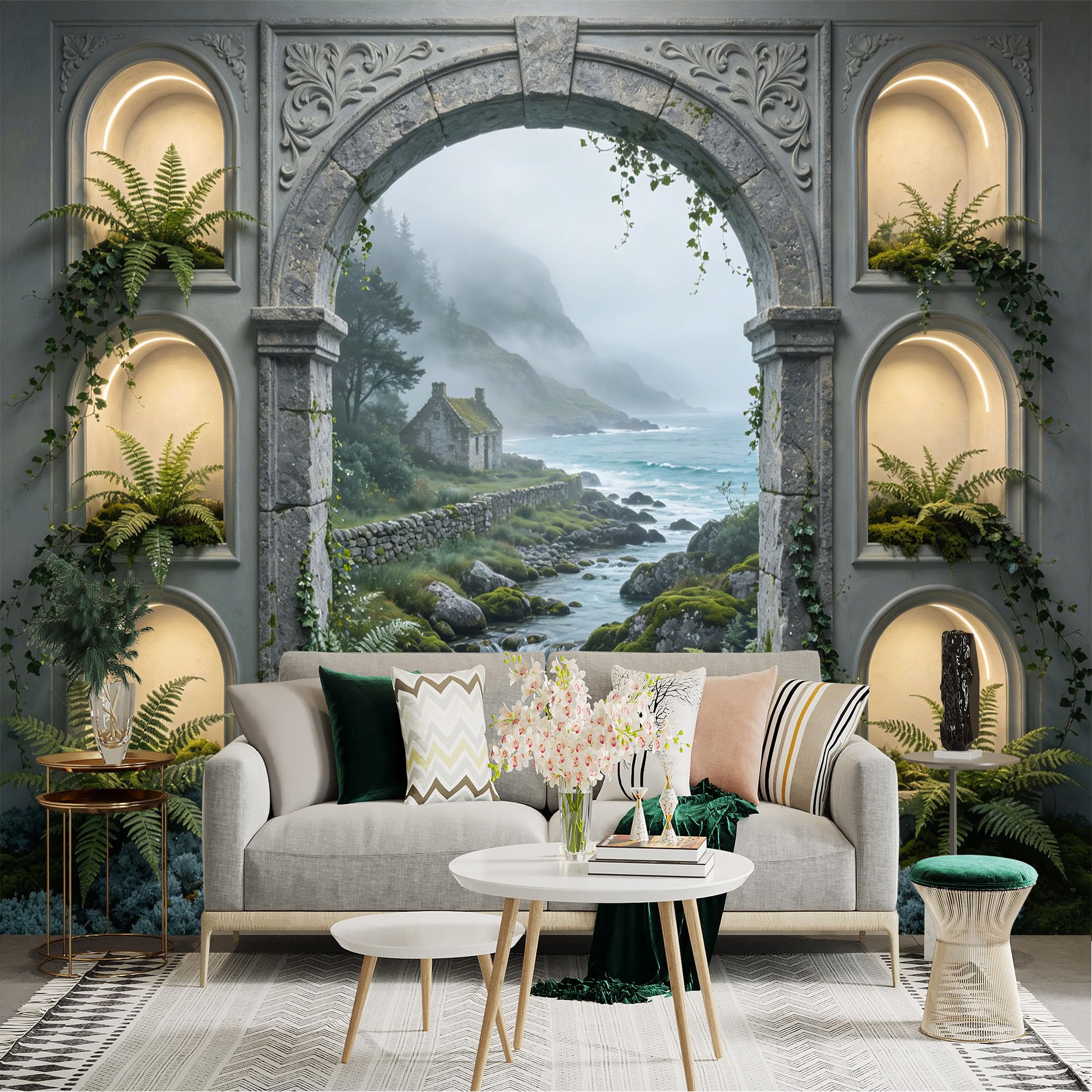Custom Size Wall Sticker Mural， Stone Archway with Coastal Cottage， River and Ferns， for wall Decoration， peelandstick wall Decals.