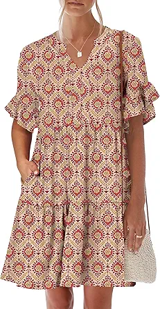 ANRABESS Women's V-Neck Ruffle Sleeve Tiered Mini Dress with Pockets