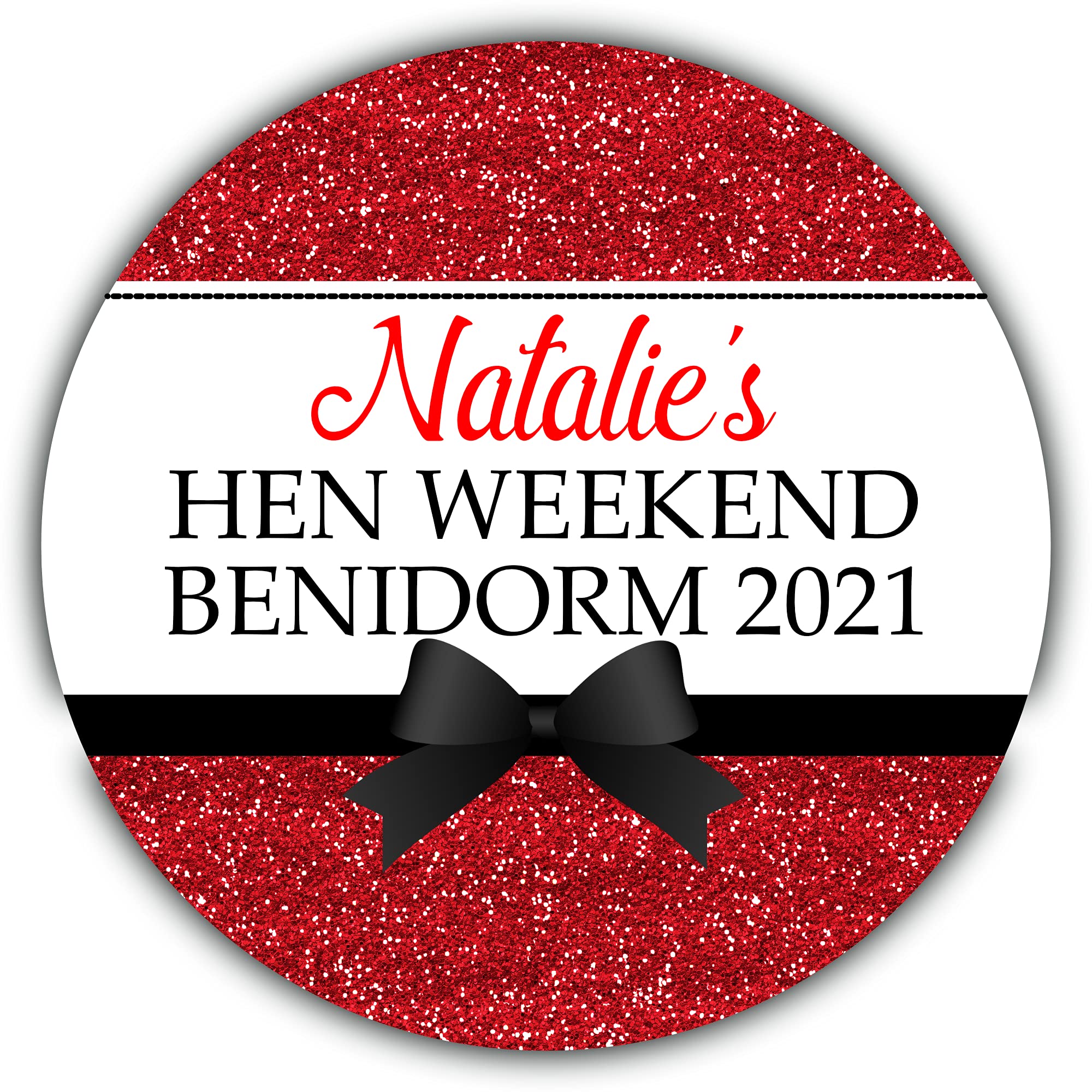 Personalised Gloss Hen Night Stickers Labels for Party Bag Thank You Printed Glitter Effect (35 x Round 37mm Small, Red)