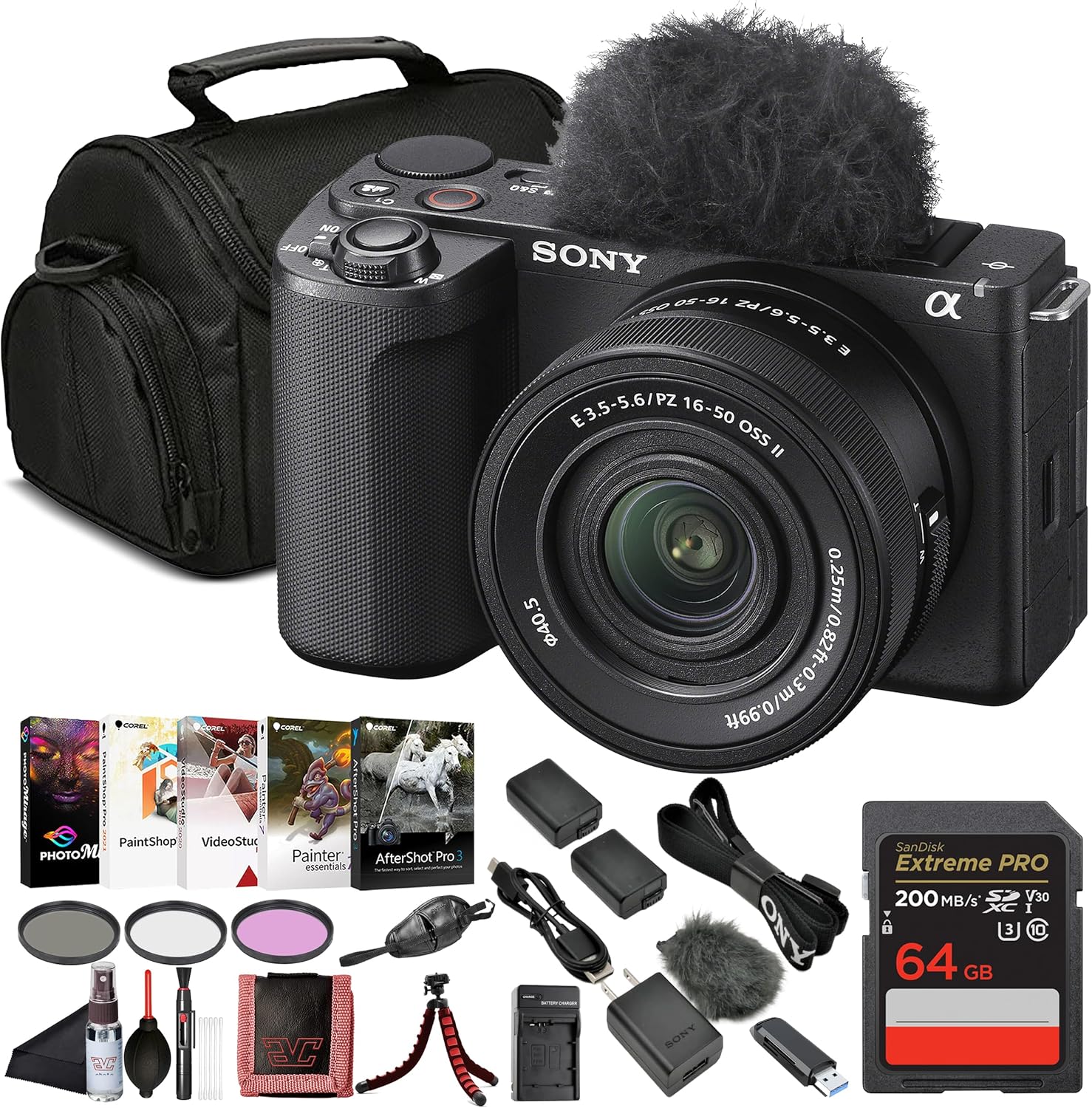 Sony ZV-E10 II Mirrorless Vlogging Camera Kit with 16–50 mm OSS Lens – 26 MP APS-C Sensor | 64GB Memory Card, Filter Kit, Photo Software, Bag, NP-FZ100 Battery and More
