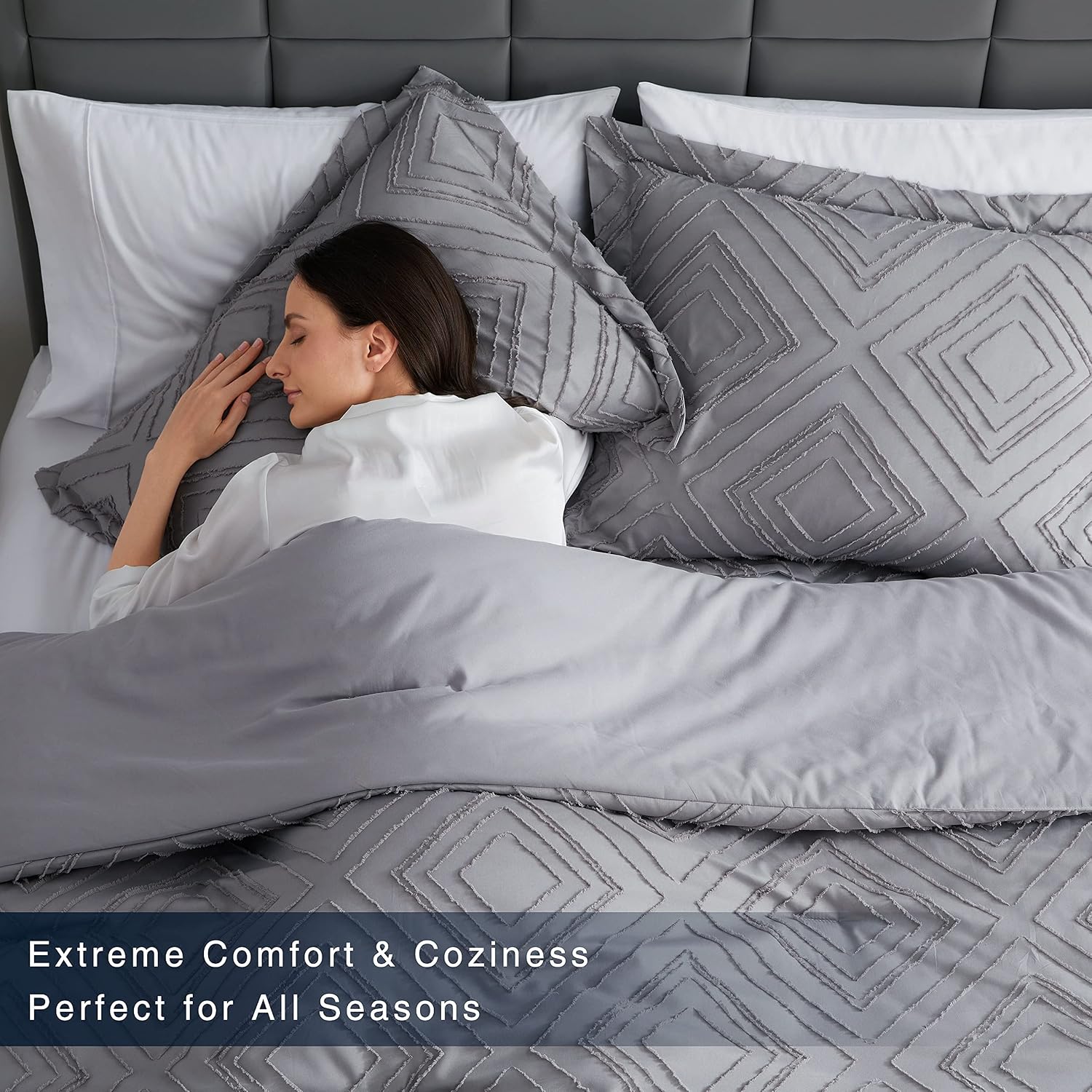 Monbix Queen Bed Set All Season Luxury Breathable Microfiber Bedding Collection Cozy Comforter Set Soft Washable Fluffy Grey Gray Boho Bohemian Geometric Diamond Jacquard Tufted 3 pcs with Shams