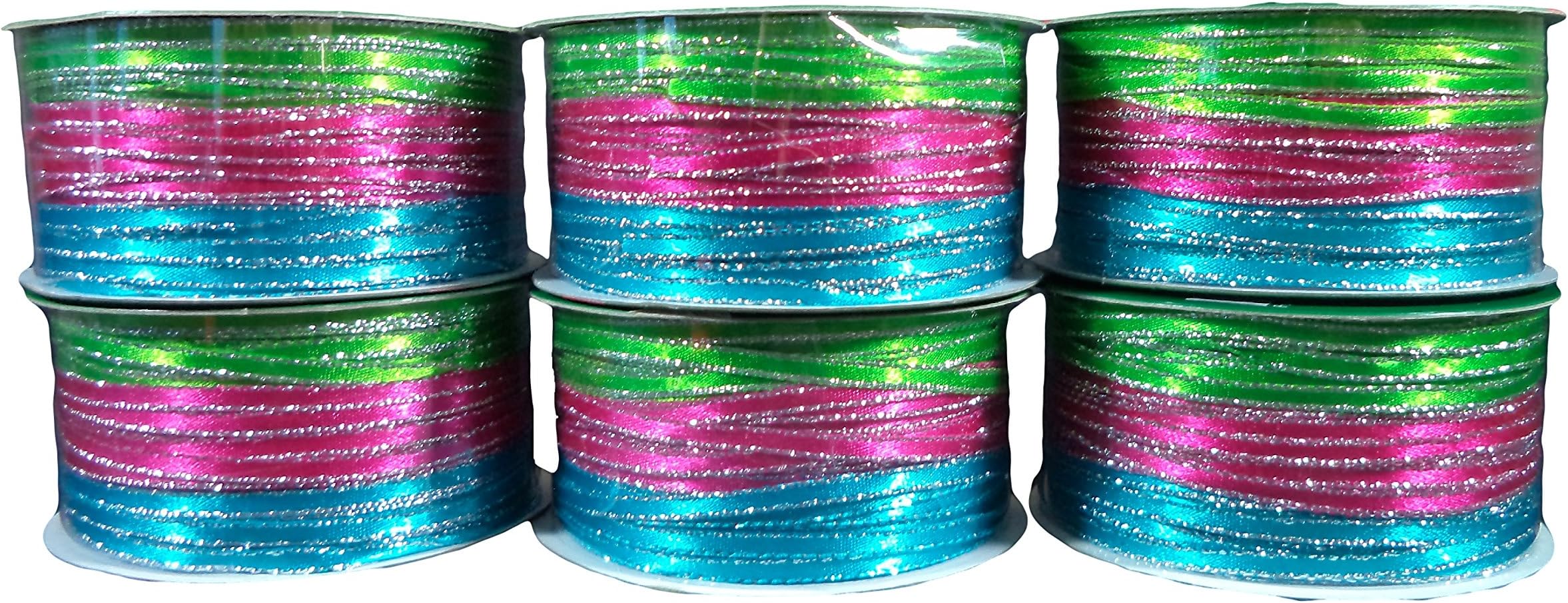 Bulk Buy: Hot Pink, Lime Green & Sky Blue 1/8" Ribbon w/ Silver Trim, Pack of (6)