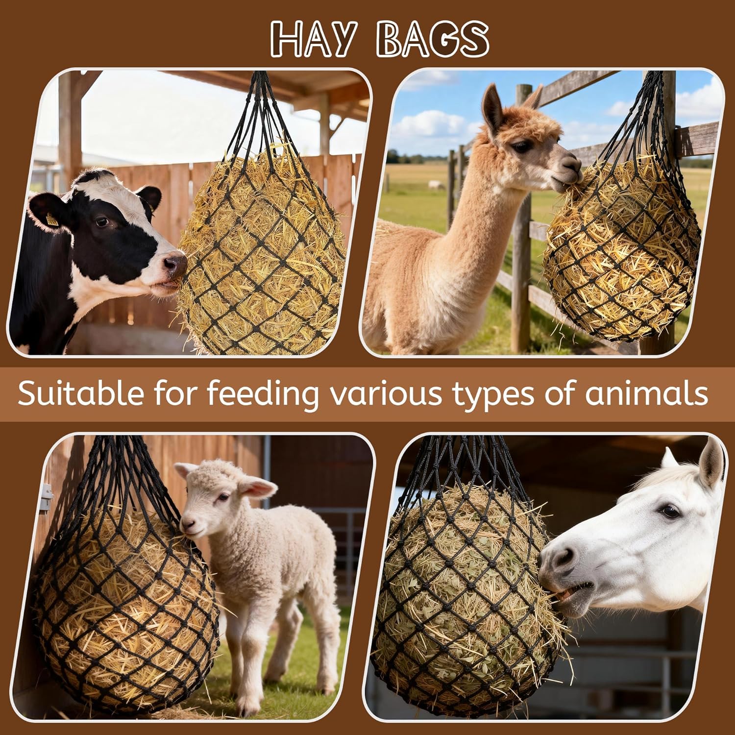 3 Pcs 47" Large Heavy Duty Hay Nets for Horses,Slow Feed Hay Bags for Horses – Hanging Hay Net Feeder with Straps & Hooks for Stall, Fence, Trailer, Goats & Sheep
