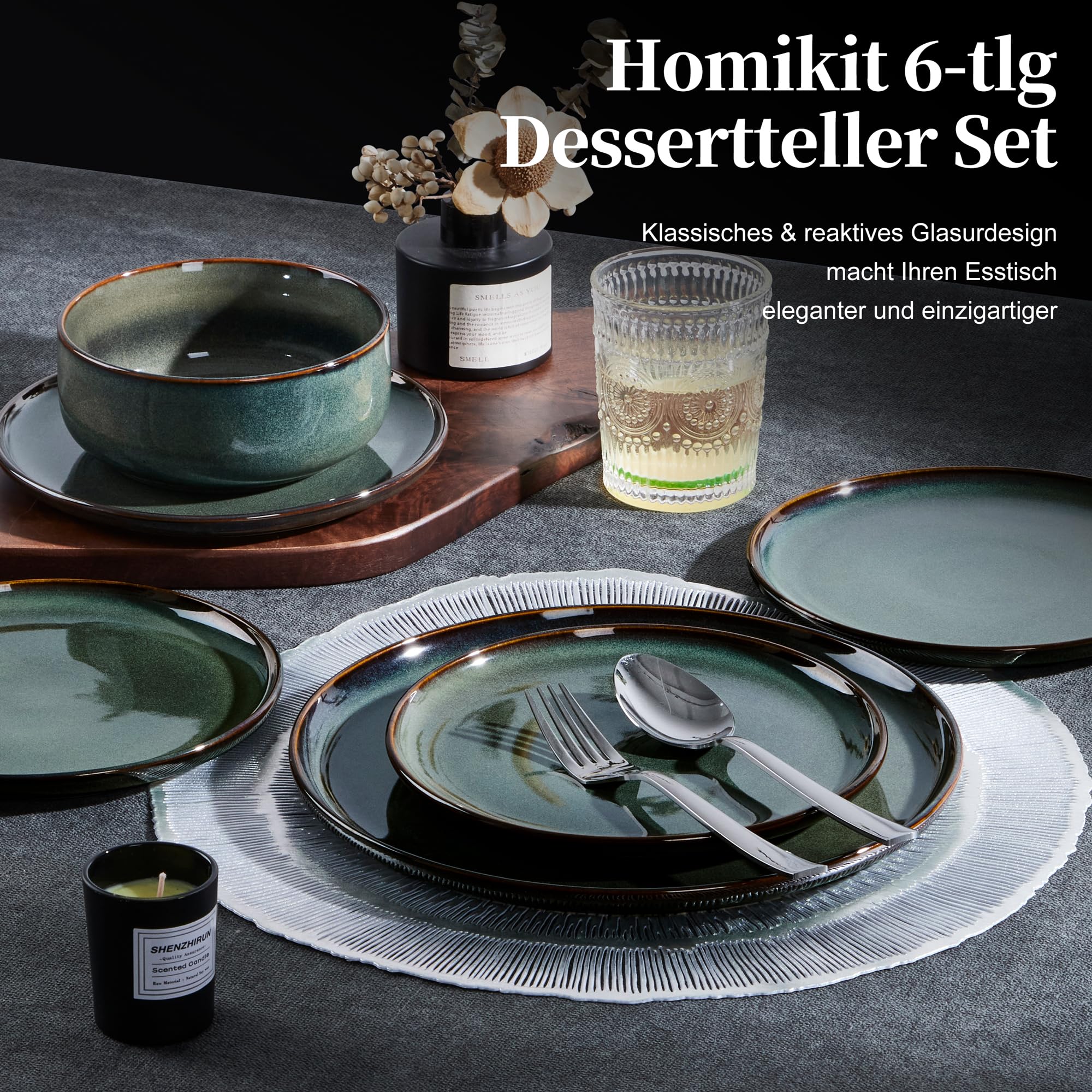 Homikit Platos de postre, 6 piezas, gres, pequeños, 20,2 cm, verde | Plato de ensalada esmaltado reactivo, moderno plato para servir 6 personas, apto para microondas y lavavajillas