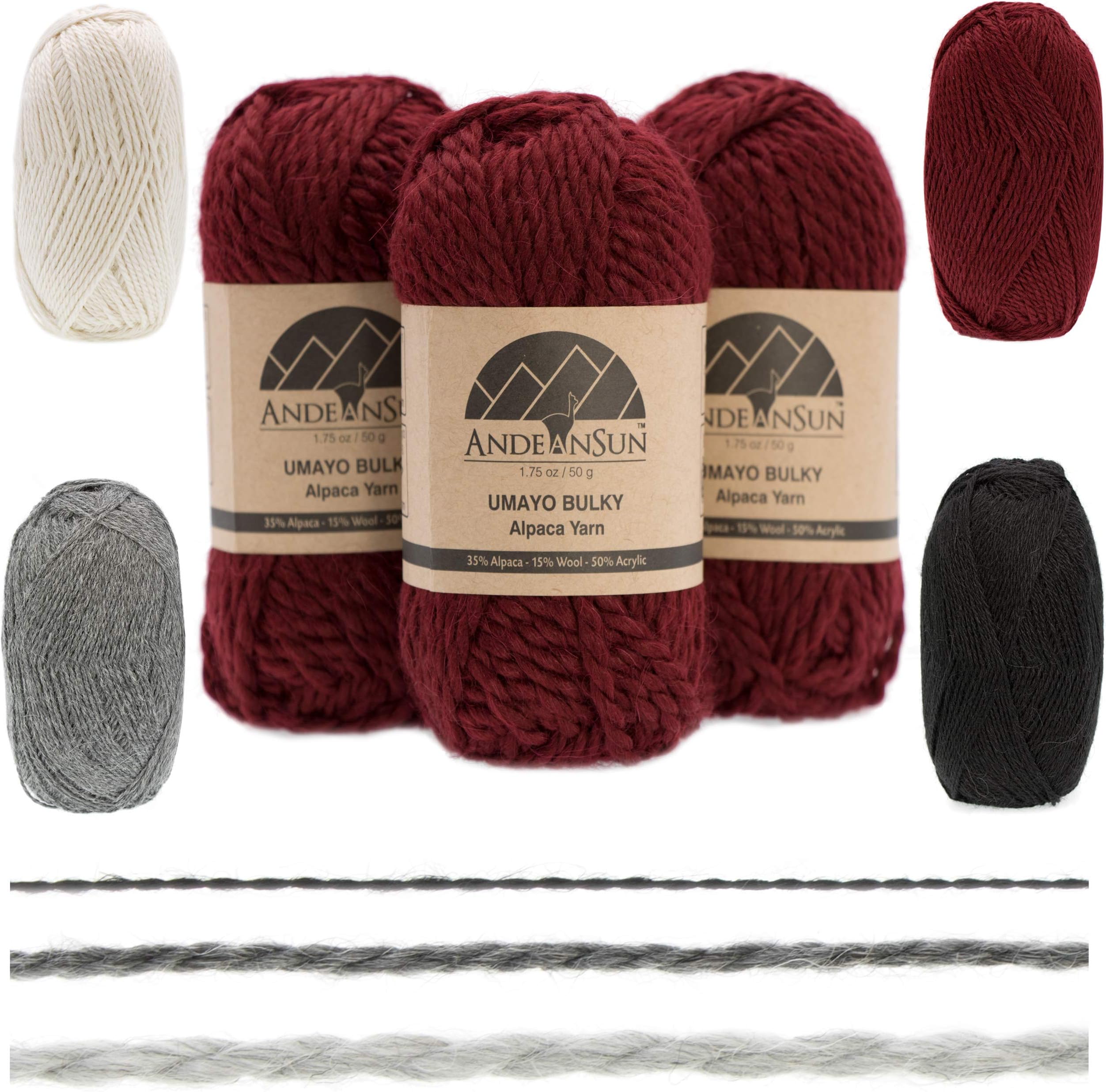 (3 Small Gorgeous Skeins) Alpaca Yarn Blend Umayo [165 Yards Total] Merlot, #5 Bulky