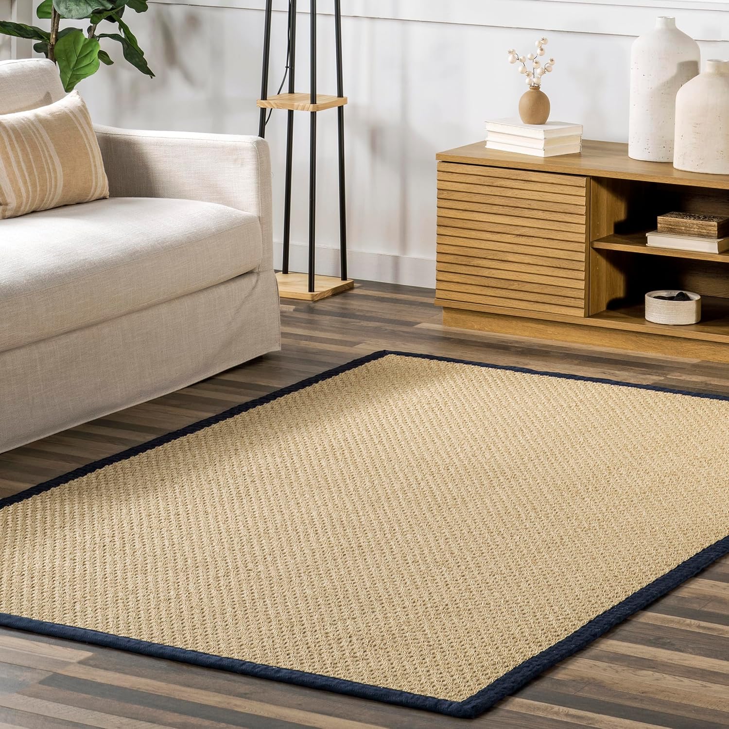 nuLOOM Meena Navy/Natural, 4' x 6', Woven, Solid, Bordered, Soft and Textured, High Traffic, Stain Resistant, Easy Clean, Durable Area Rug for Indoor/Outdoor Patio, Deck, Porch, Garden, Courtyard