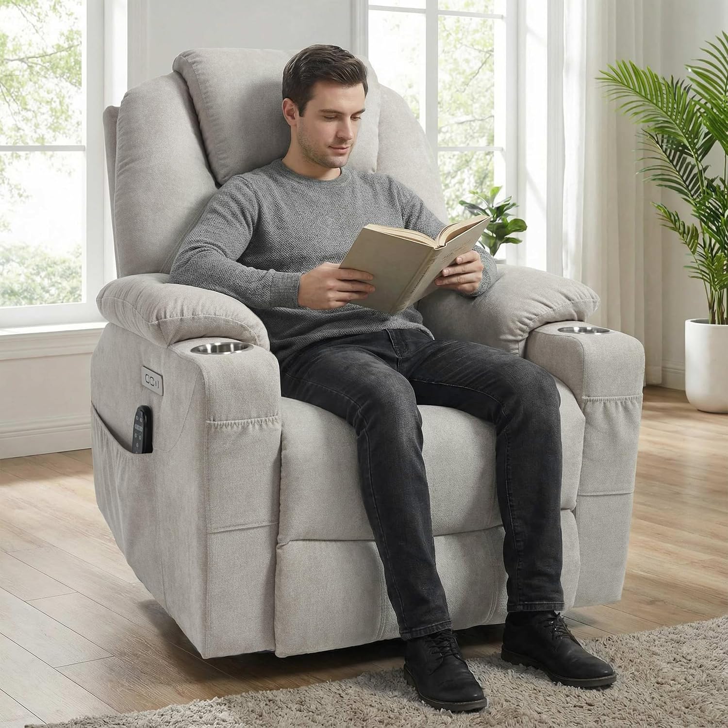 Power Lift Chair with Massage & Heat, Electric Recliner Chairs for Adults, Remote Control, Sofa for Living Room, Standing Assistance, USB Ports, Stainless Steel Cup Holders (Chenille Beige)