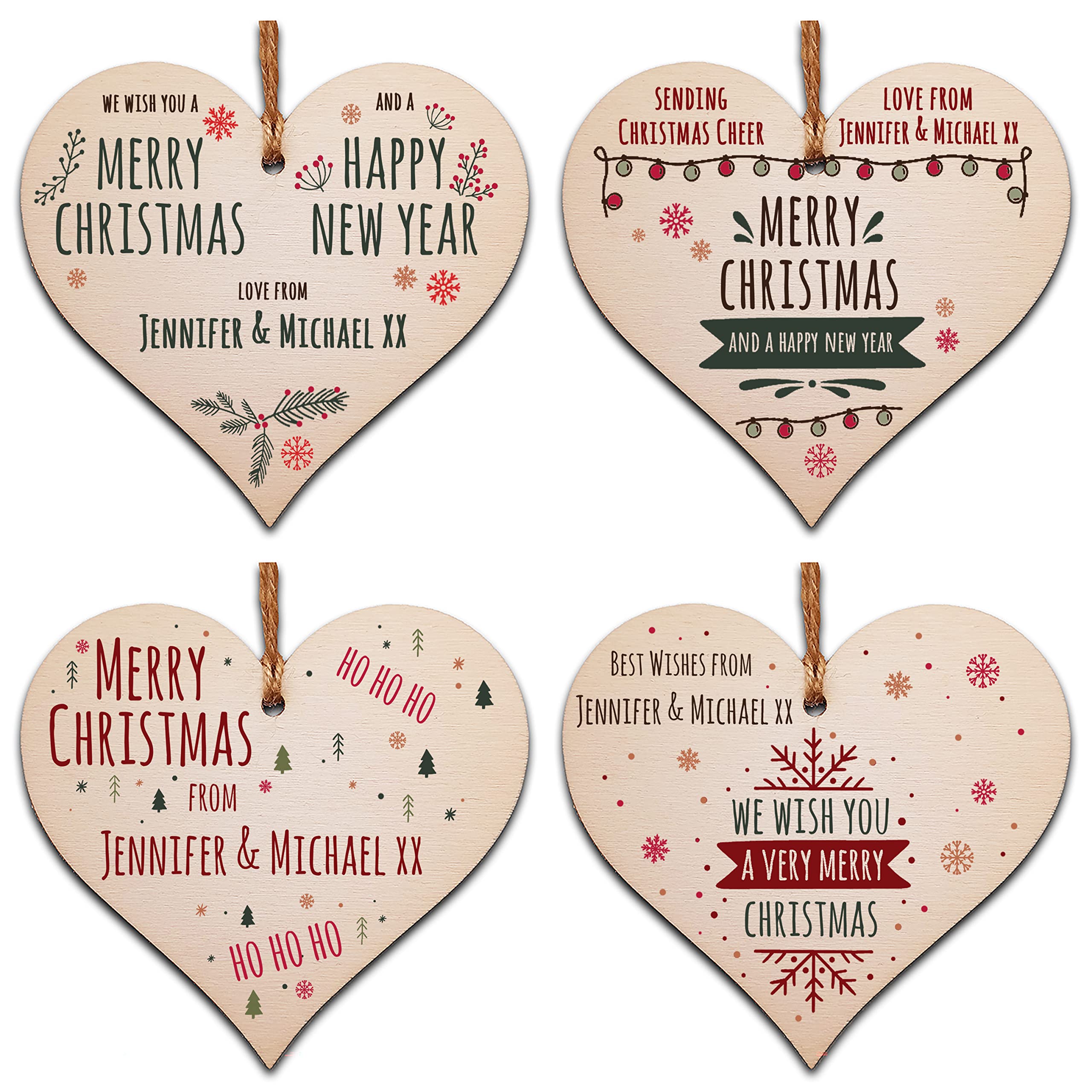 The Plum Penguin Contemporary Christmas Pack Of 4 Personalised Handmade Wooden Hanging Heart Plaques Bauble Christmas Card Alternative Fun Sketchy Style Family Friends Neighbours Colleagues
