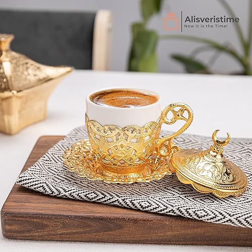 Miniatura 2 de Alisveristime Taza de café turco, diseño tradicional con motivo de media luna, taza de porcelana y platillo para café turco, griego, árabe y expreso