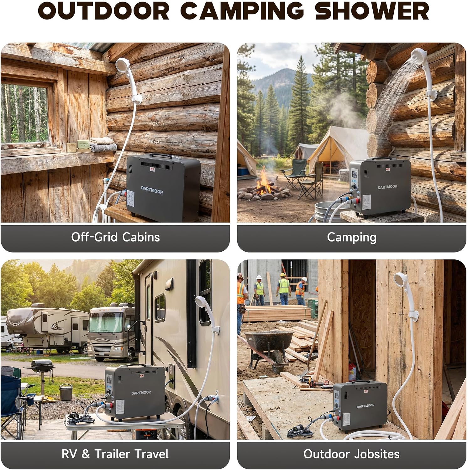 DARTMOOR Portable Propane Water Heater, Battery Powered Outdoor Portable Shower with 37500 BTU LCD Display Auto Shutoff, Camping Shower with 4500mAh Rechargeable Battery for Hunting Cleaning Camping