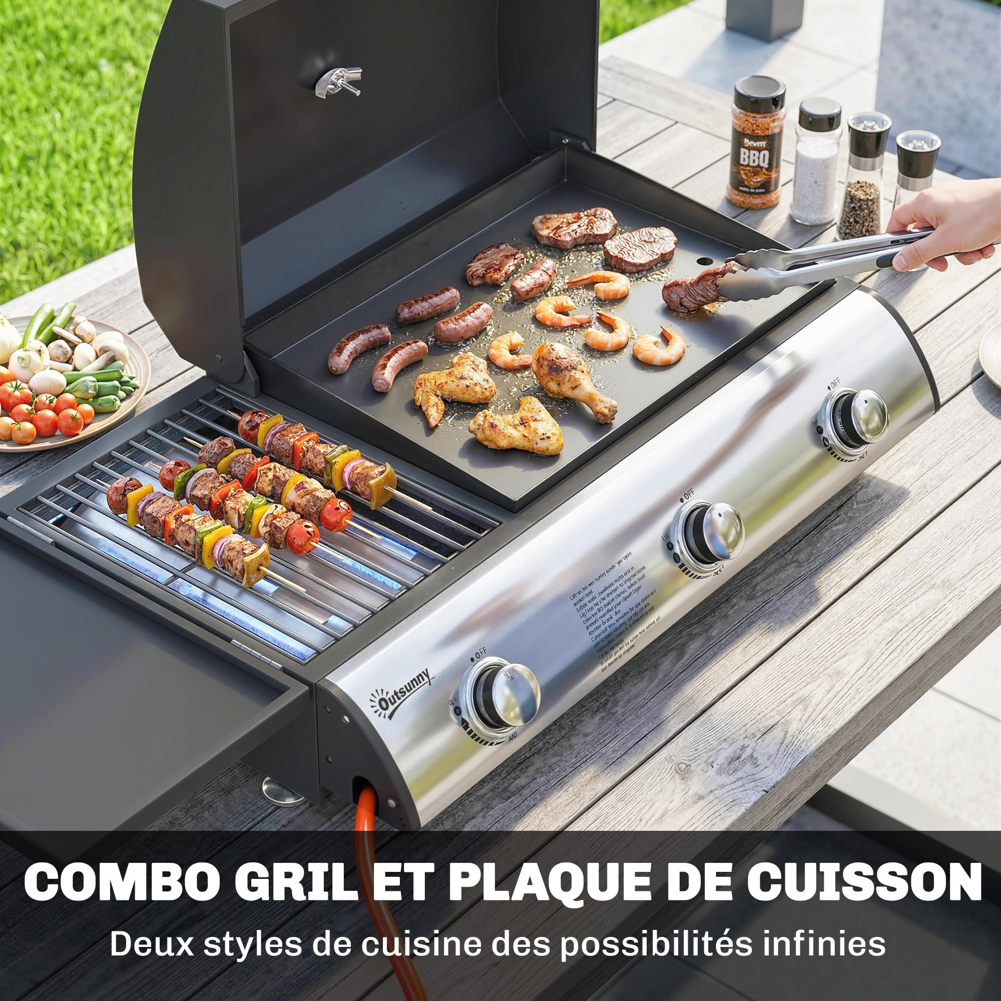 Outsunny Barbecue à Gaz de Table 3 Brûleurs - Combiné Gril et Plancha avec Couvercle et Thermomètre - 7,5 kW Portable pour Camping Balcon Terrasse - Surface de Cuisson 2224 cm², Noir