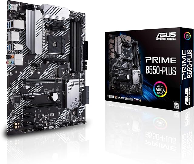 ASUS PRIME B550-PLUS AMD B550 (Ryzen AM4) ATX Motherboard (dual M.2, PCIe 4.0, DDR4 4400, 1 Gb Ethernet, DisplayPort/HDMI, USB 3.2 Gen 2 Type-A and Type-C, Aura Sync RGB Headers Support)
