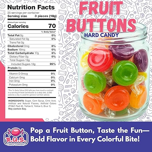 Miniatura 2 de Caramelos Duros de Botón de Frutas Surtidas  Aproximadamente 75 Piezas Envueltas Individualmente, Sabores Surtidos de Frutas Intensos, Bolsa a