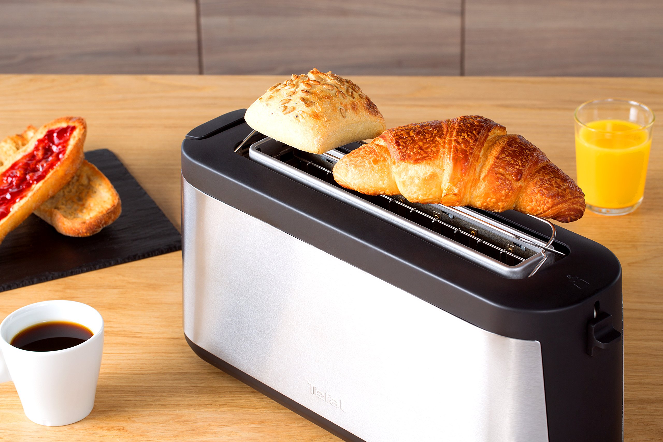 Tefal Tostadora Element, 1 ranura larga de 25 cm, 7 niveles de tostado, 1000 vatios, Rollo integrado, Diseño elegante, Negro y acero inoxidable, TL4308