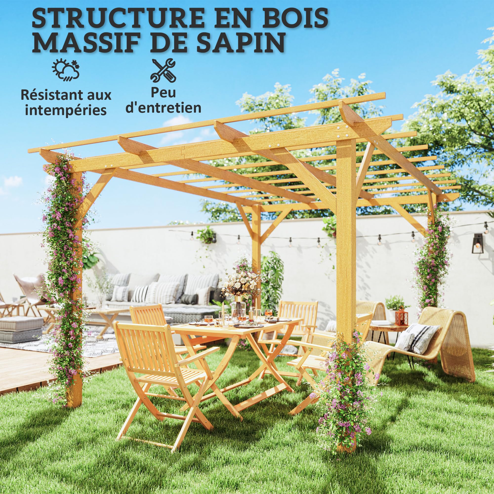 Outsunny Pergola Jardin Exterieur 3 x 4 m Pergola en Bois Naturel