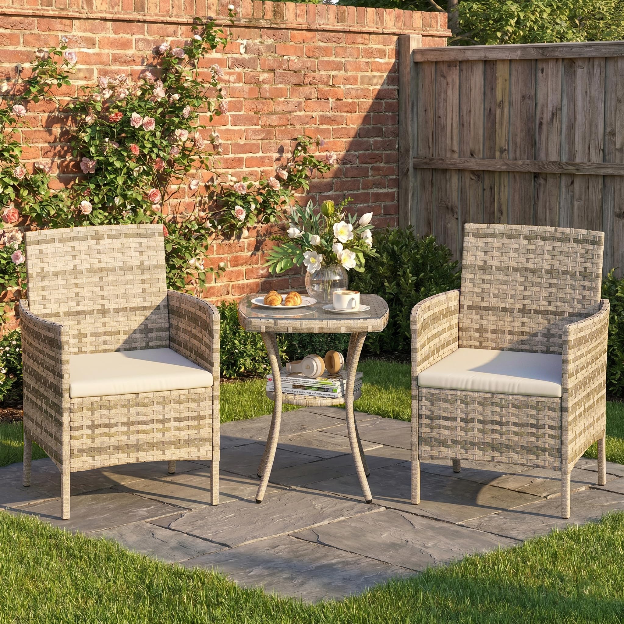 Amopatio 3 Pcs Rattan Garden Furniture Sets, Outdoor Bistro Set with Table and Chairs, Washable Cushions for Balcony, Patio, Backyard, Tawny