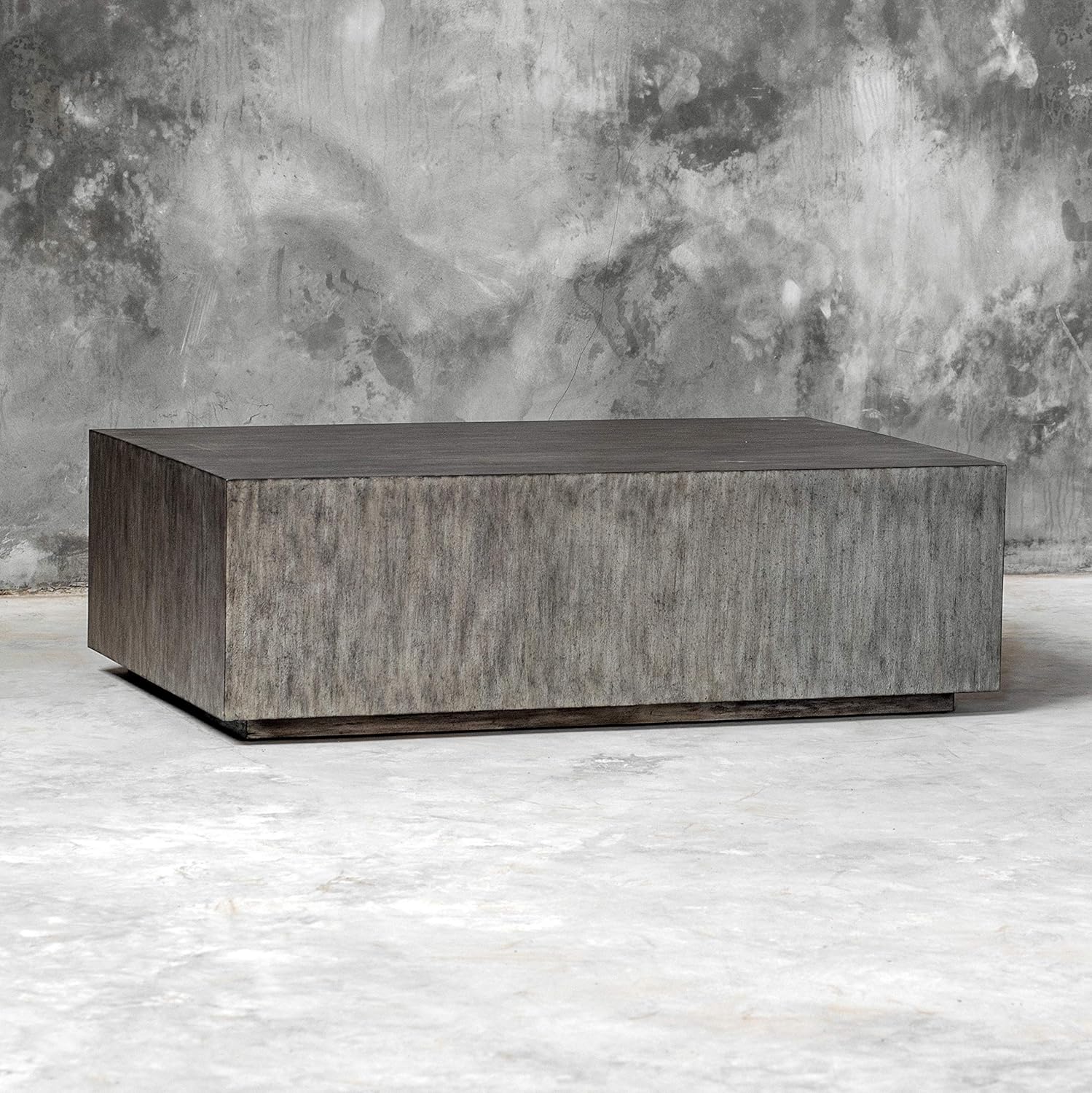Modern Minimalist Wood Cube Block Coffee Table Solid Rectangle Gray Distressed