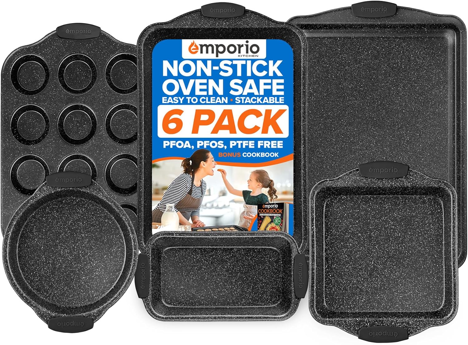 Baking Pan Set - Nonstick Coating, Carbon Steel Bakeware Set with Red Silicone Handles, PFOA, PFOS, PTFE Free, Recipe Booklet Included, Oven Safe Tray (Up To 450° F), Set of 6 - Black