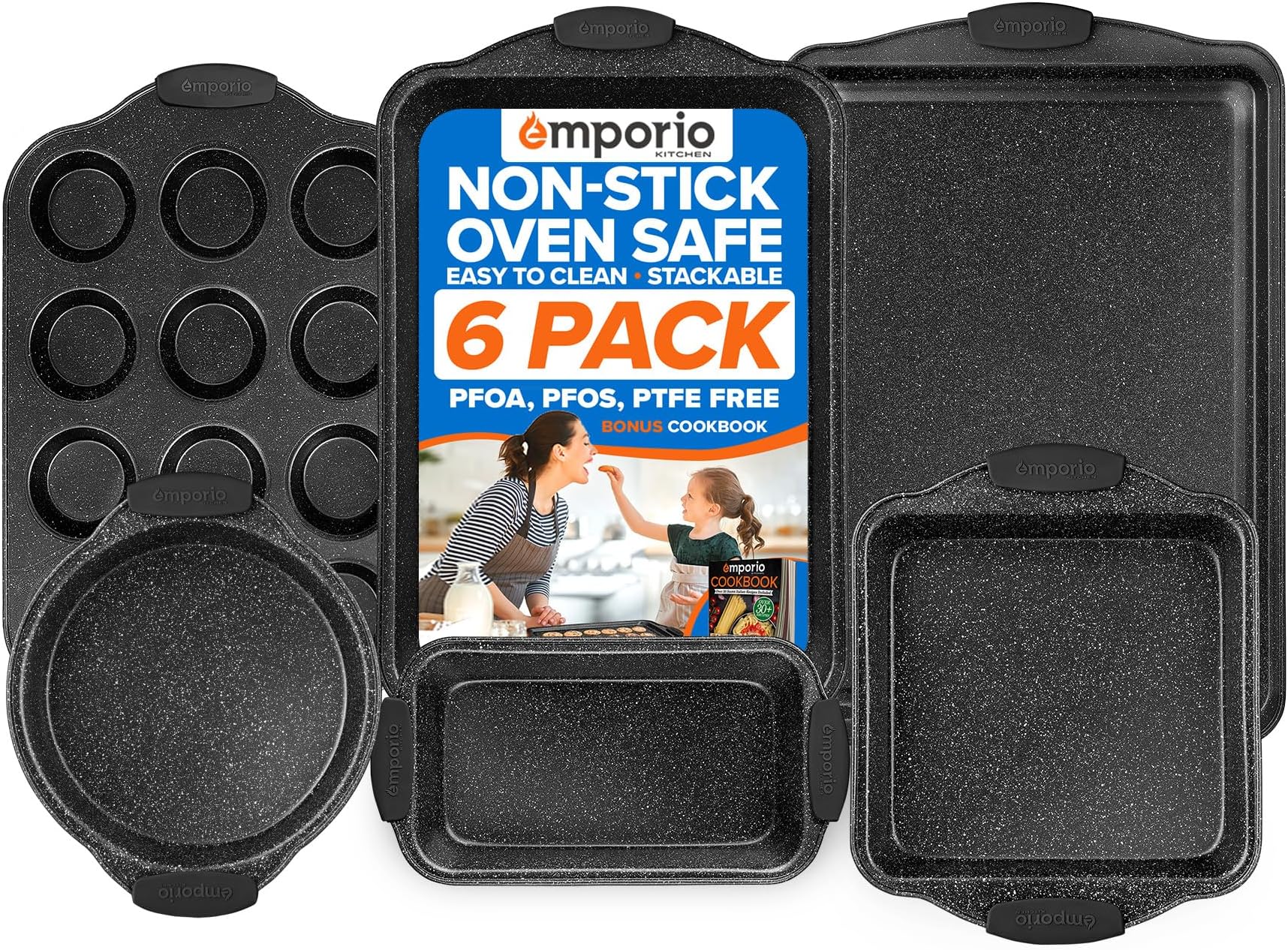 Emporio Kitchen Baking Pan Set - Nonstick Coating, Carbon Steel Bakeware Set with Red Silicone Handles, PFOA, PFOS, PTFE Free, Recipe Booklet Included, Oven Safe Tray (Up To 450° F), Set of 6 - Black