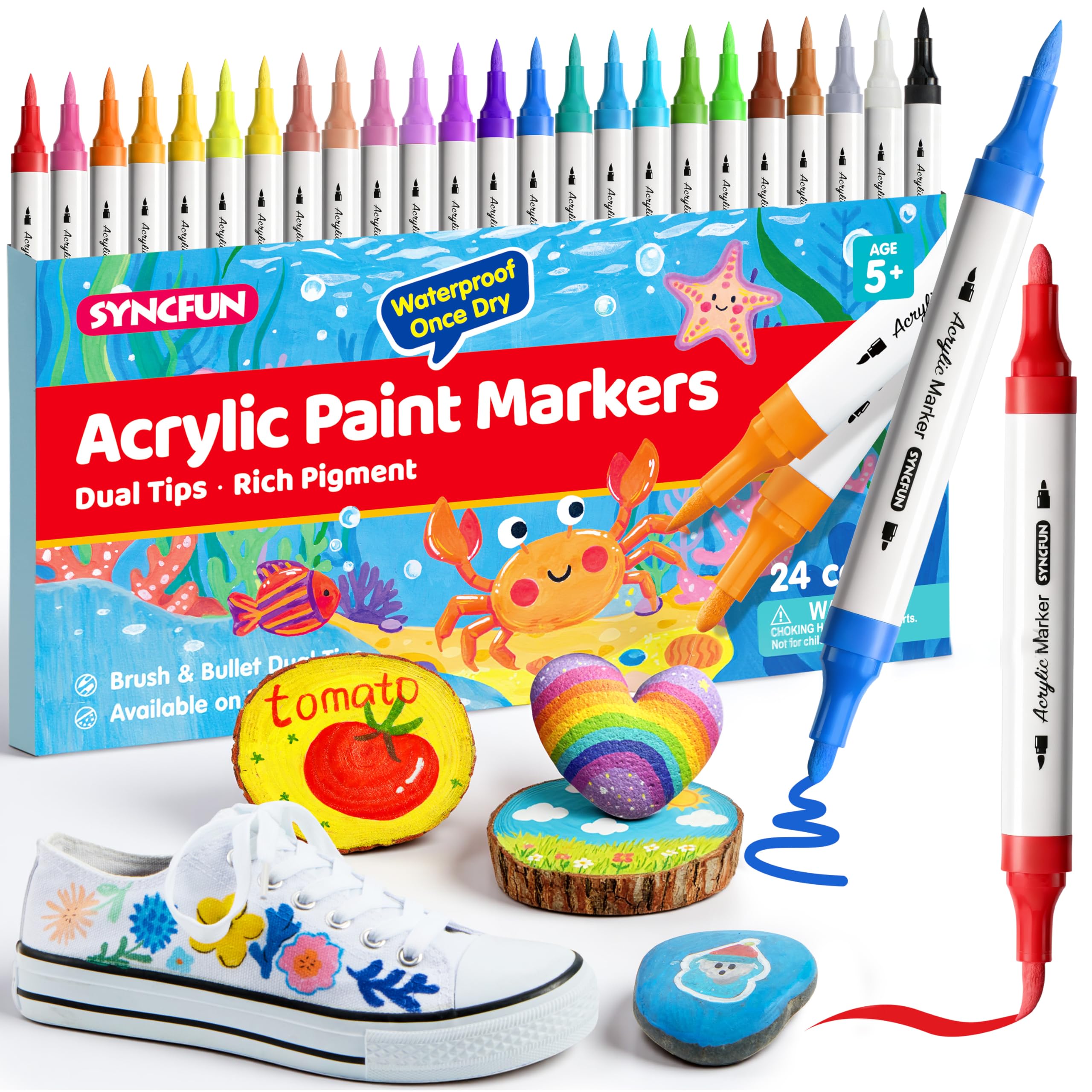 SYNCFUN 24 non-washable acrylic markers with dual tip base