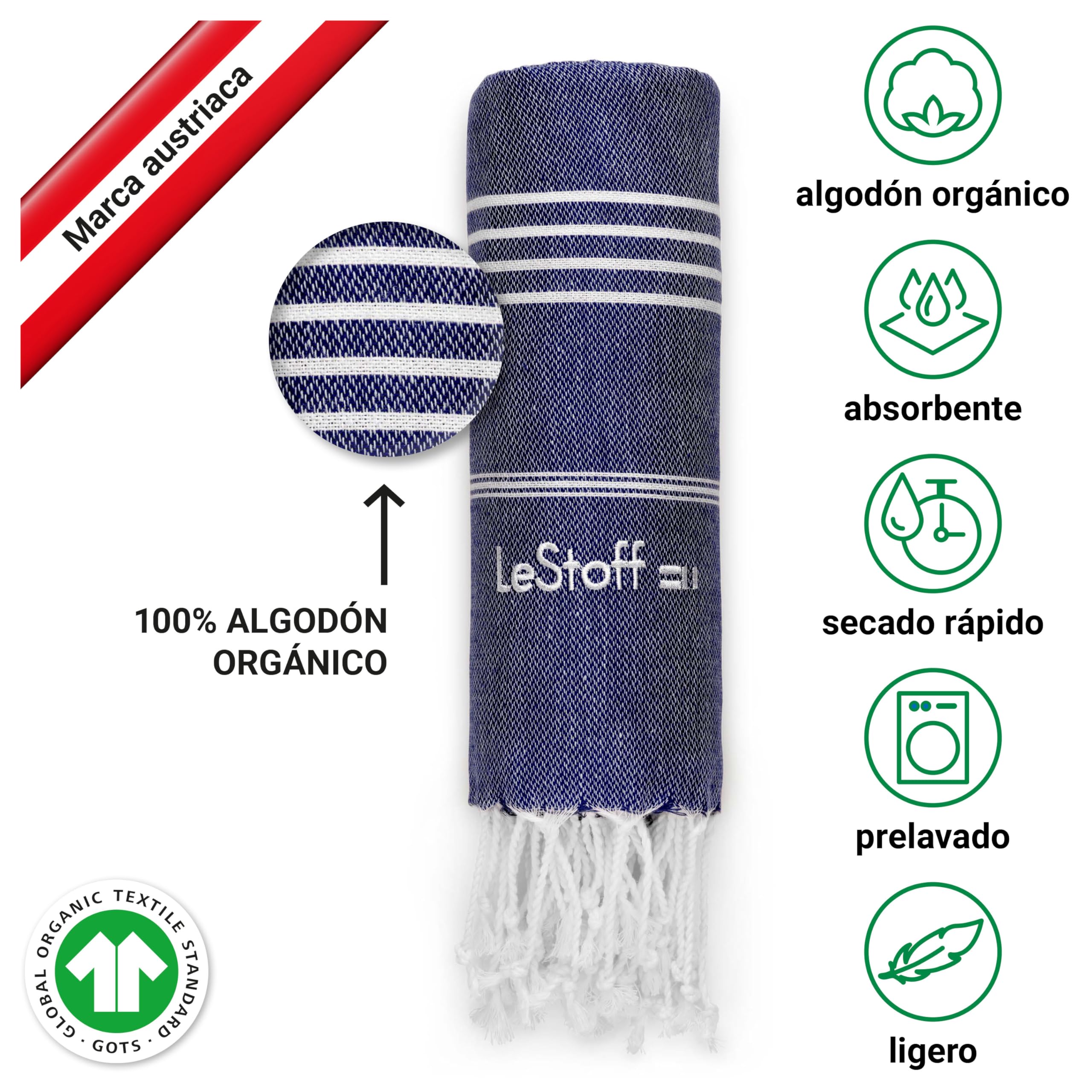 LeStoff Fouta Premium – 100% algodón orgánico - Prelavado, sostenible, Absorbente y de Secado rápido - Toalla de Playa, baño, Ducha, Yoga, Sauna, Piscina y Viaje (200 x 200 cm Navy) | Toalla de playa para yoga, camping y viaje - antiarena, prelavado, lige