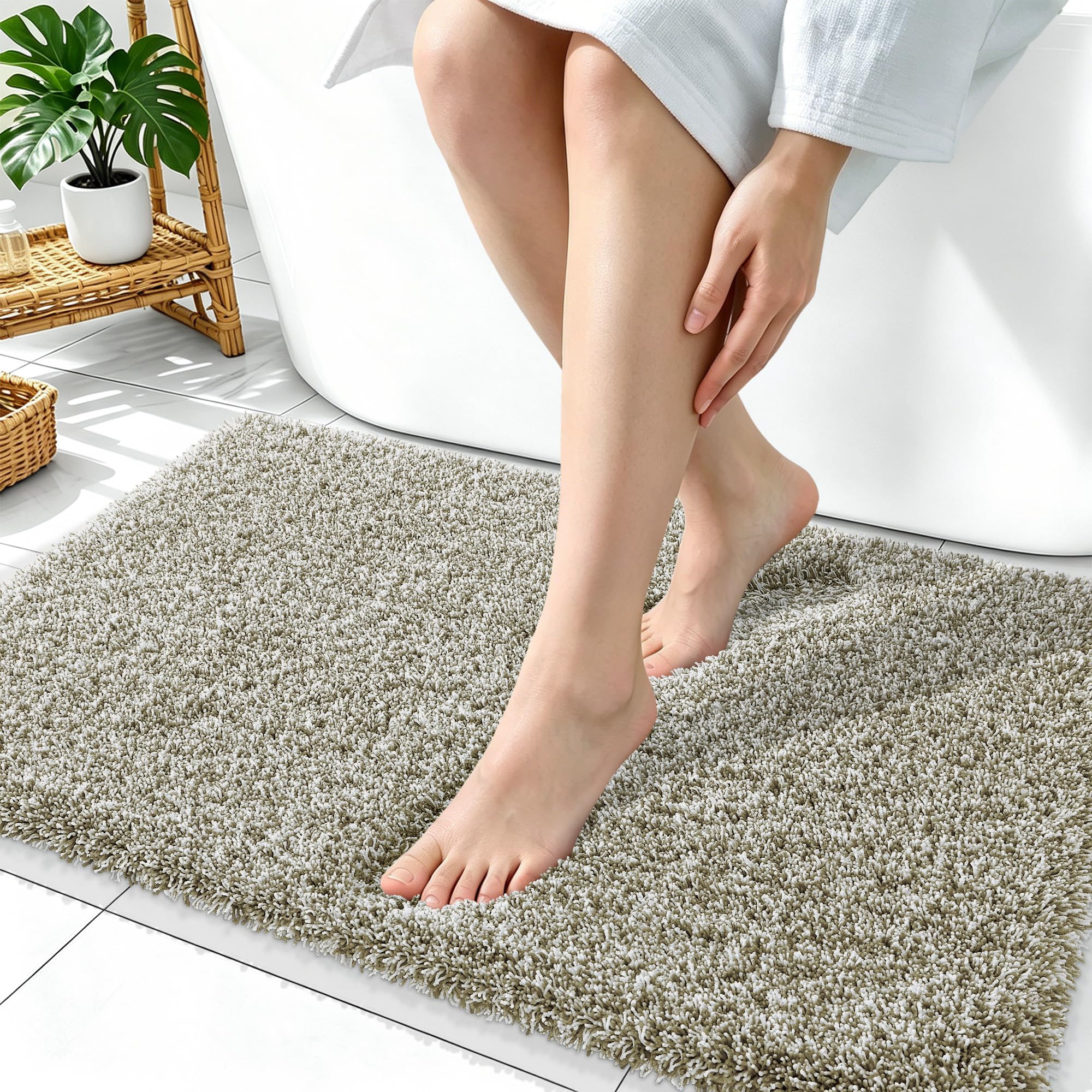 OLANLY Microfiber Bathroom Rugs 36x24, Quick Dry Mat, Moss Green and White