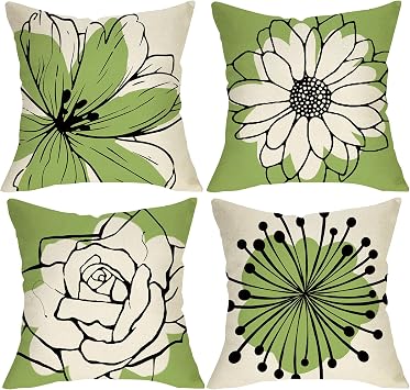 Green White Floral Decorative Throw Pillow Covers 18 x 18 Set of 4