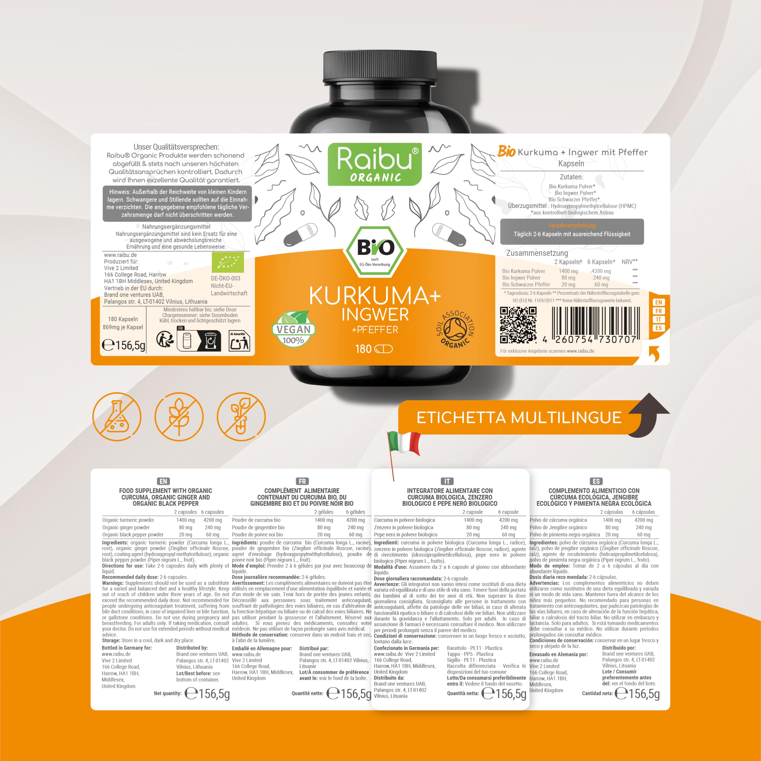 Curcuma Capsule 1500mg con Piperina e Zenzero Biologico - 180 Capsule - Curcuma in Polvere Integratore ad Alto Dosaggio - 100% Vegan, Senza OGM - Raibu